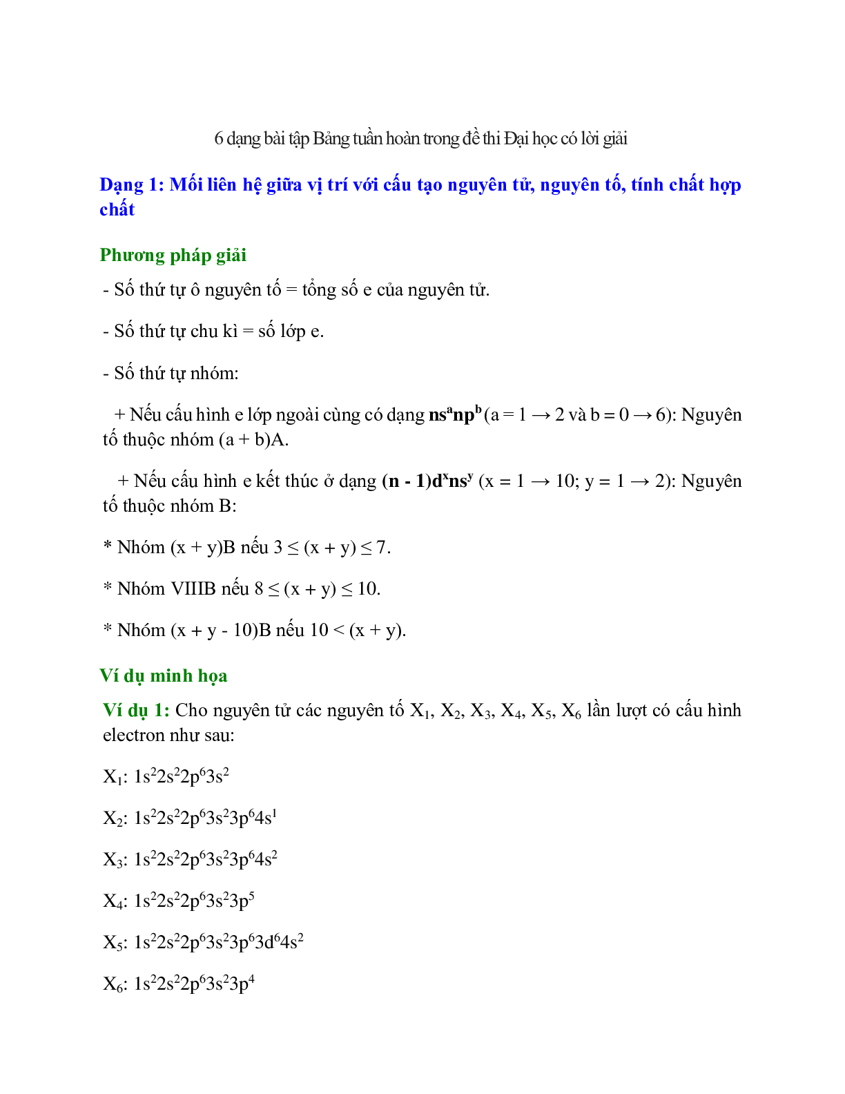 6 dạng bài tập Bảng tuần hoàn trong đề thi Đại học có lời giải (trang 1)