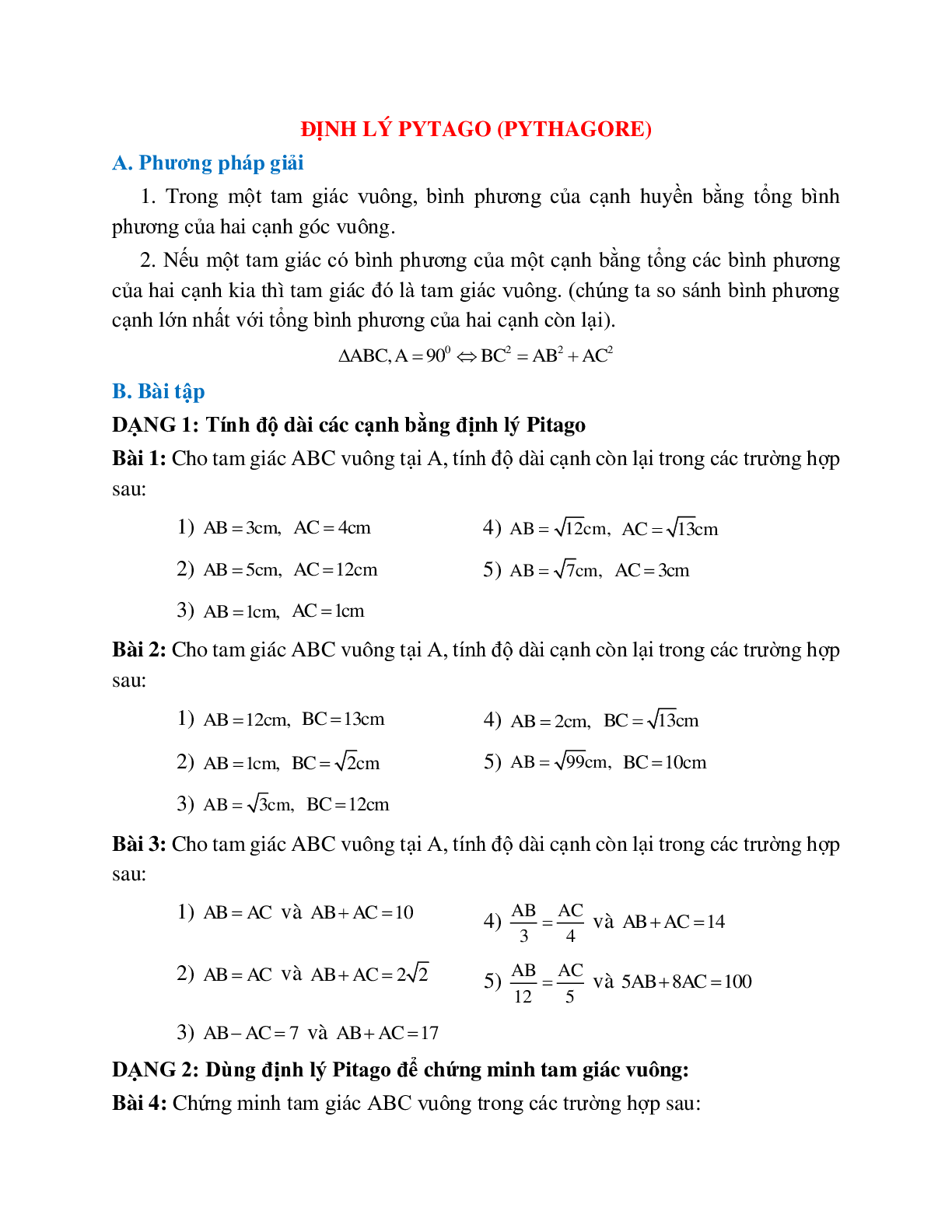 Định lý Pytago trong tam giác vuông (trang 1)
