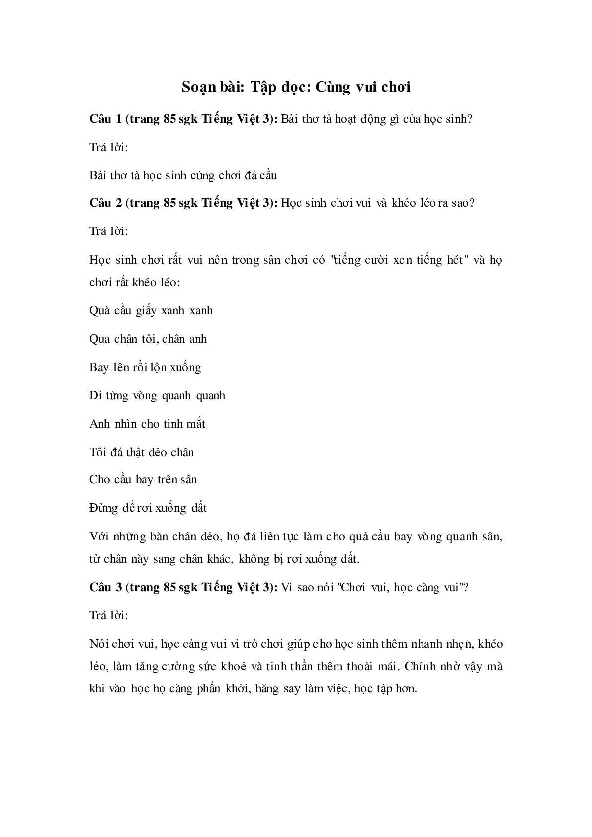 Soạn Tiếng Việt lớp 3: Tập đọc: Cùng vui chơi mới nhất (trang 1)