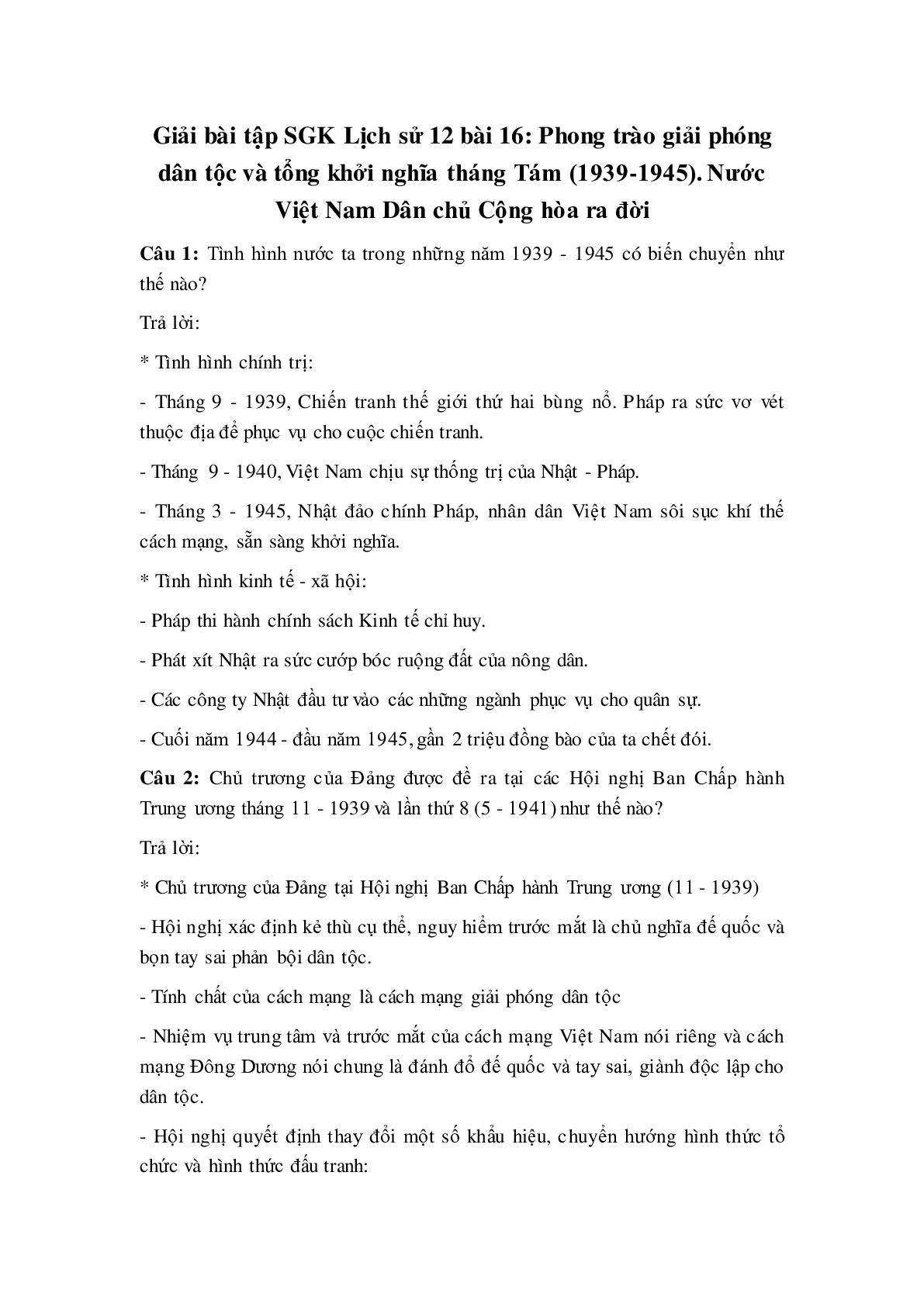 Giải bài tập SGK Lịch sử 12: Bài 16: Phong trào giải phóng dân tộc và tổng khởi nghĩa tháng Tám (1939-1945) - Nước Việt Nam Dân chủ Cộng hòa ra đời mới nhất (trang 1)