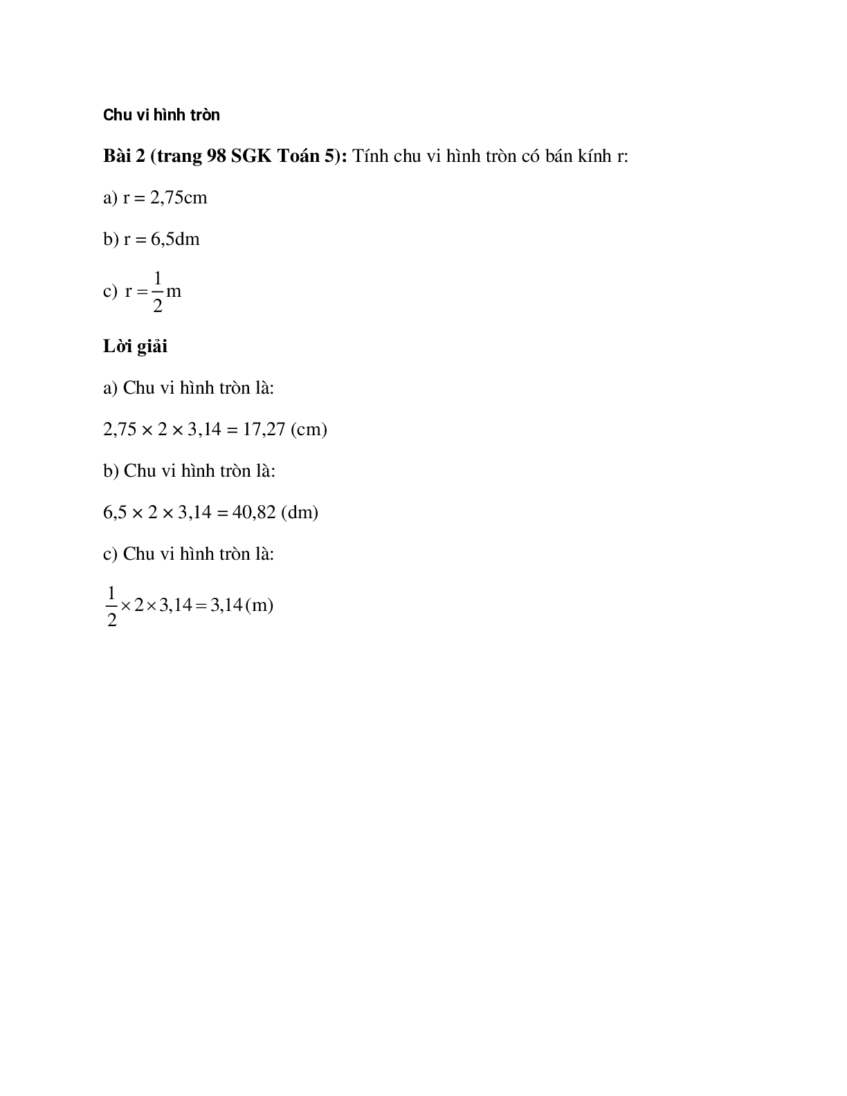 Tính chu vi hình tròn có bán kính r: r = 2,75cm (trang 1)