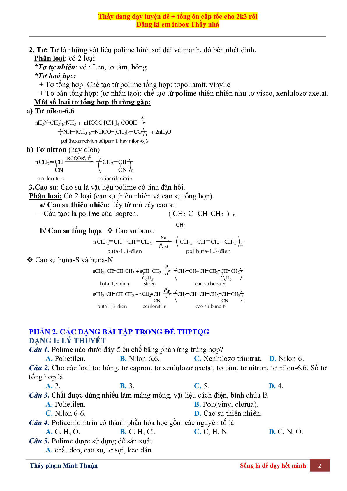 Tổng Hợp Lý Thuyết Chương 4 Polime Môn Hóa Học Lớp 12 (trang 2)