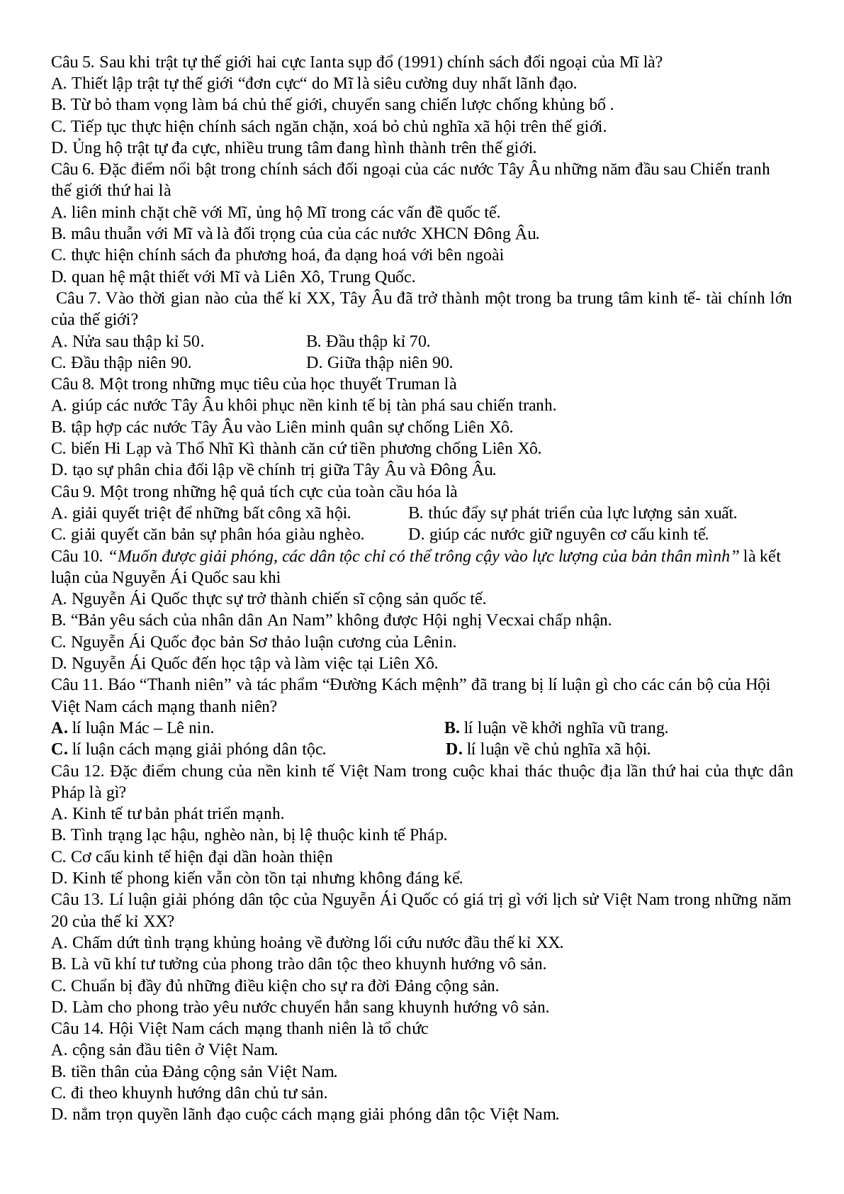 16 đề ôn tập Lịch Sử 12 chi tiết, chọn lọc (trang 9)