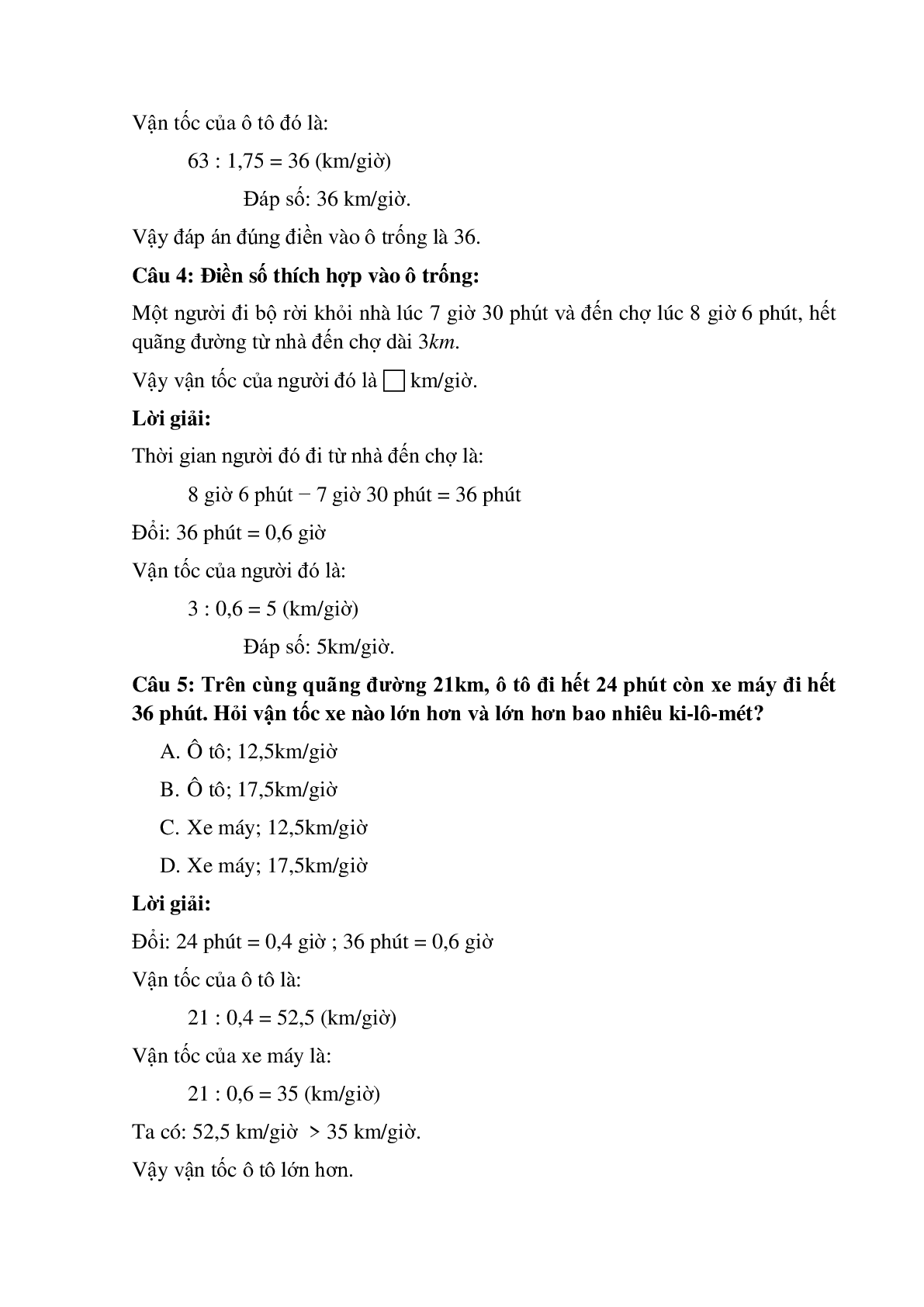 14 câu Trắc nghiệm Vận tốc có đáp án 2023 – Toán lớp 5 (trang 2)