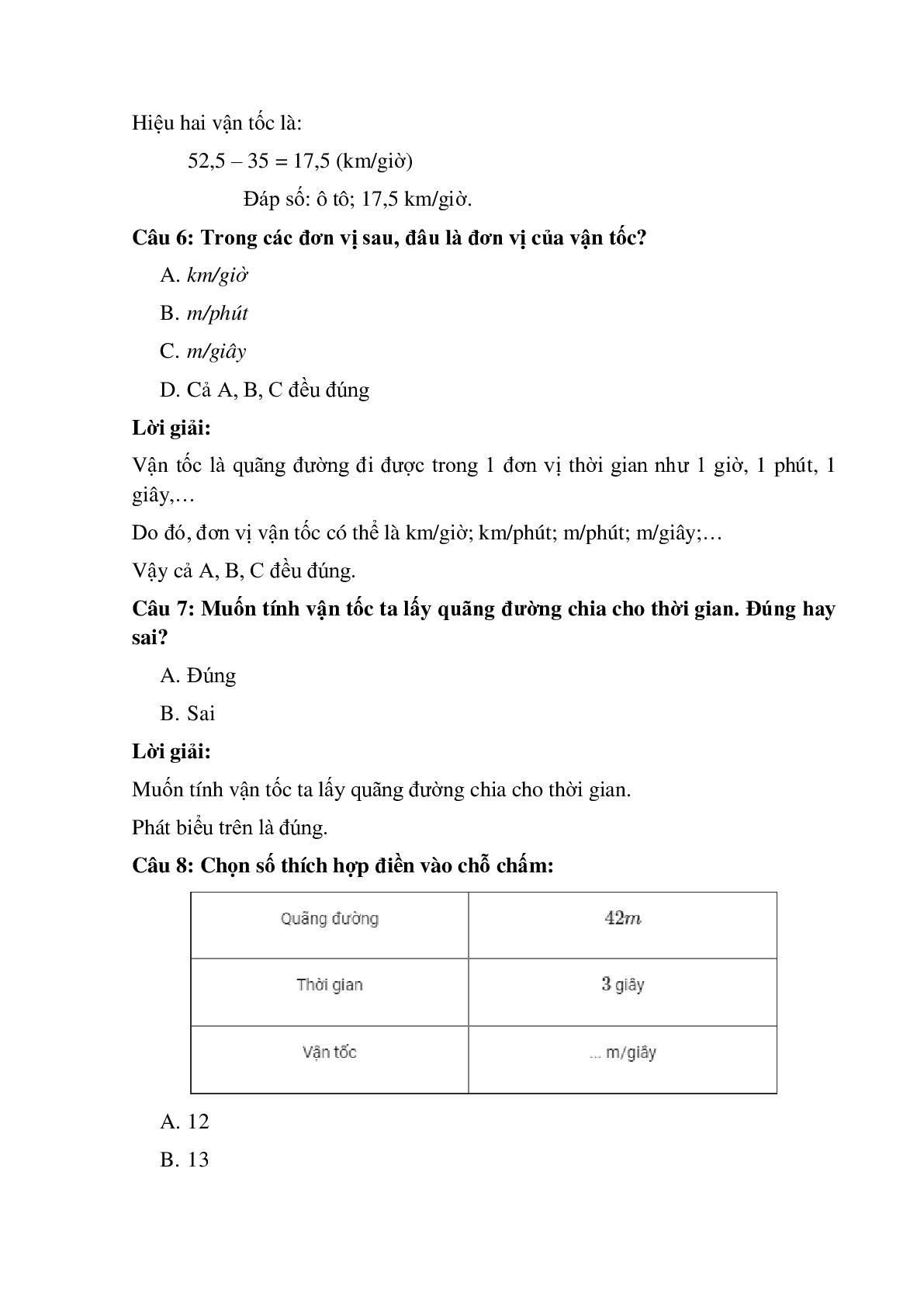 14 câu Trắc nghiệm Vận tốc có đáp án 2023 – Toán lớp 5 (trang 3)