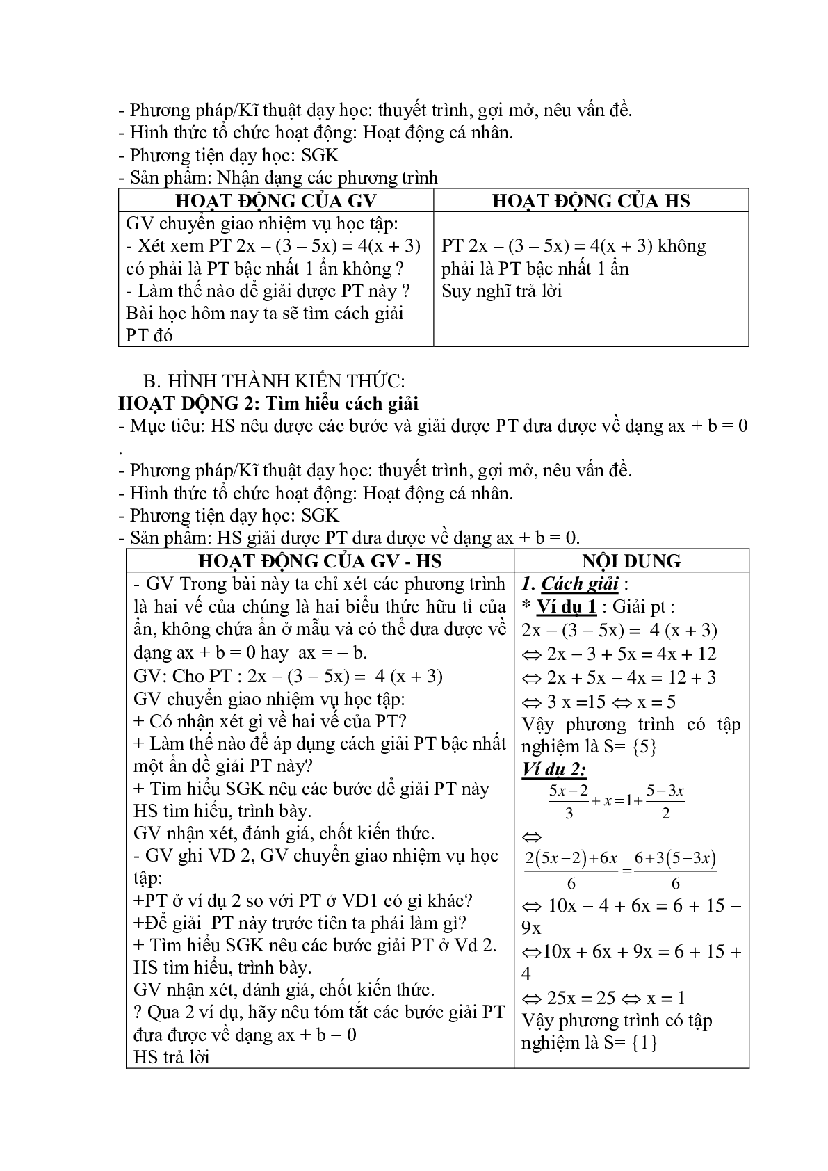Giáo án Phương trình đưa được về dạng ax + b = 0 (2023) - Toán 8 (trang 2)