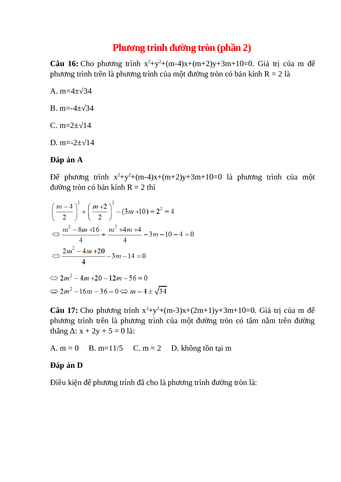 Trắc nghiệm Phương trình đường tròn (phần 2) có đáp án – Toán lớp 10 (trang 1)