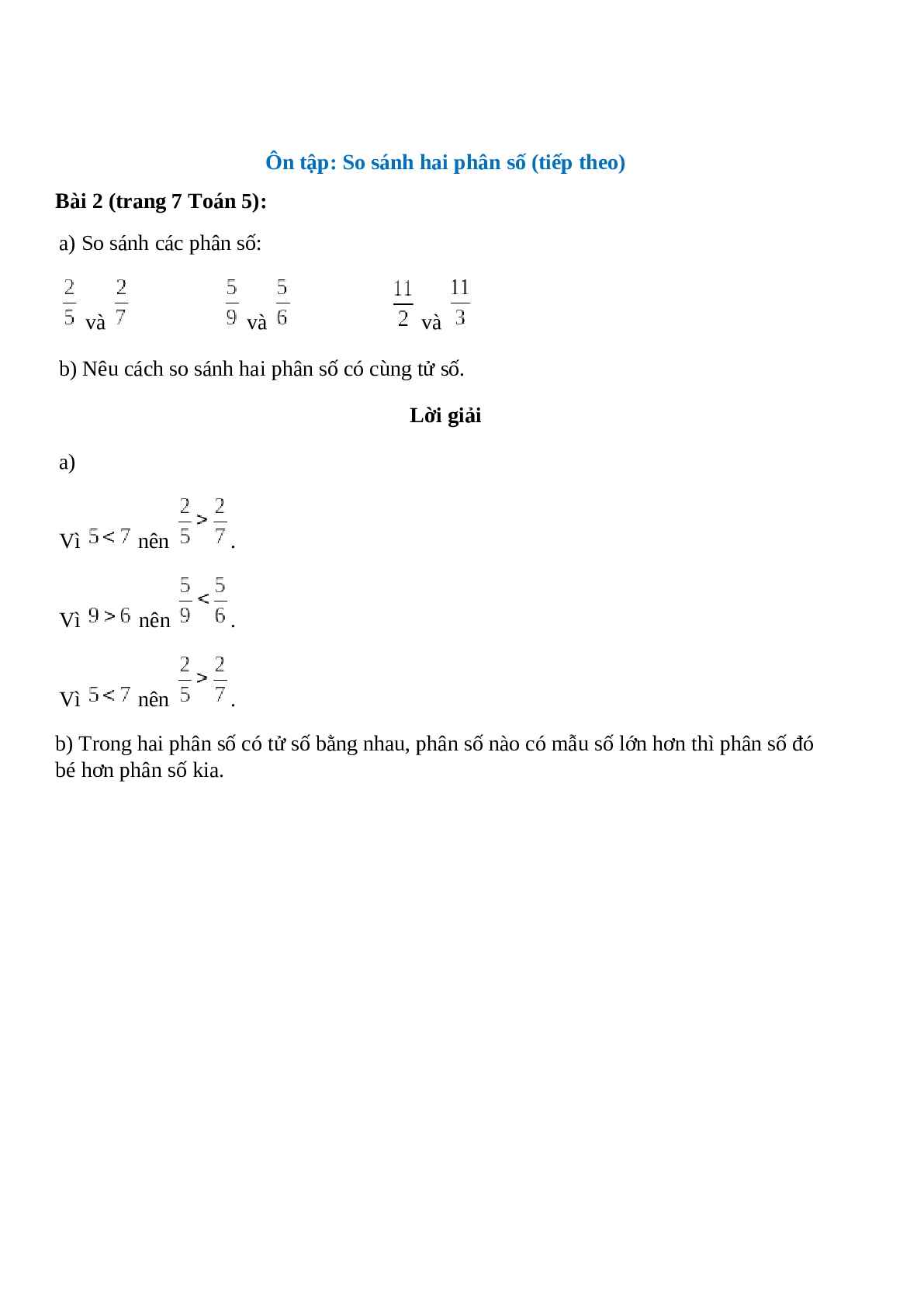 So sánh các phân số: 2/5 và 2/7; 5/9 và 5/6 (trang 1)