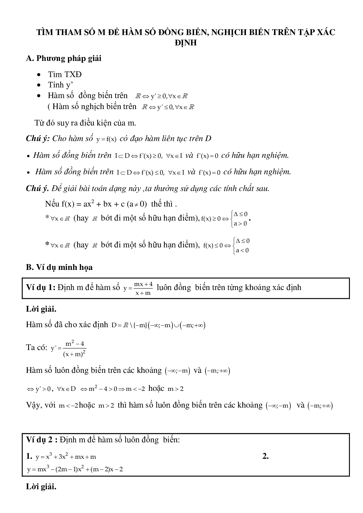 Dạng bài tập Tìm tham số m để hàm số đơn điệu trên tập xác định (trang 1)
