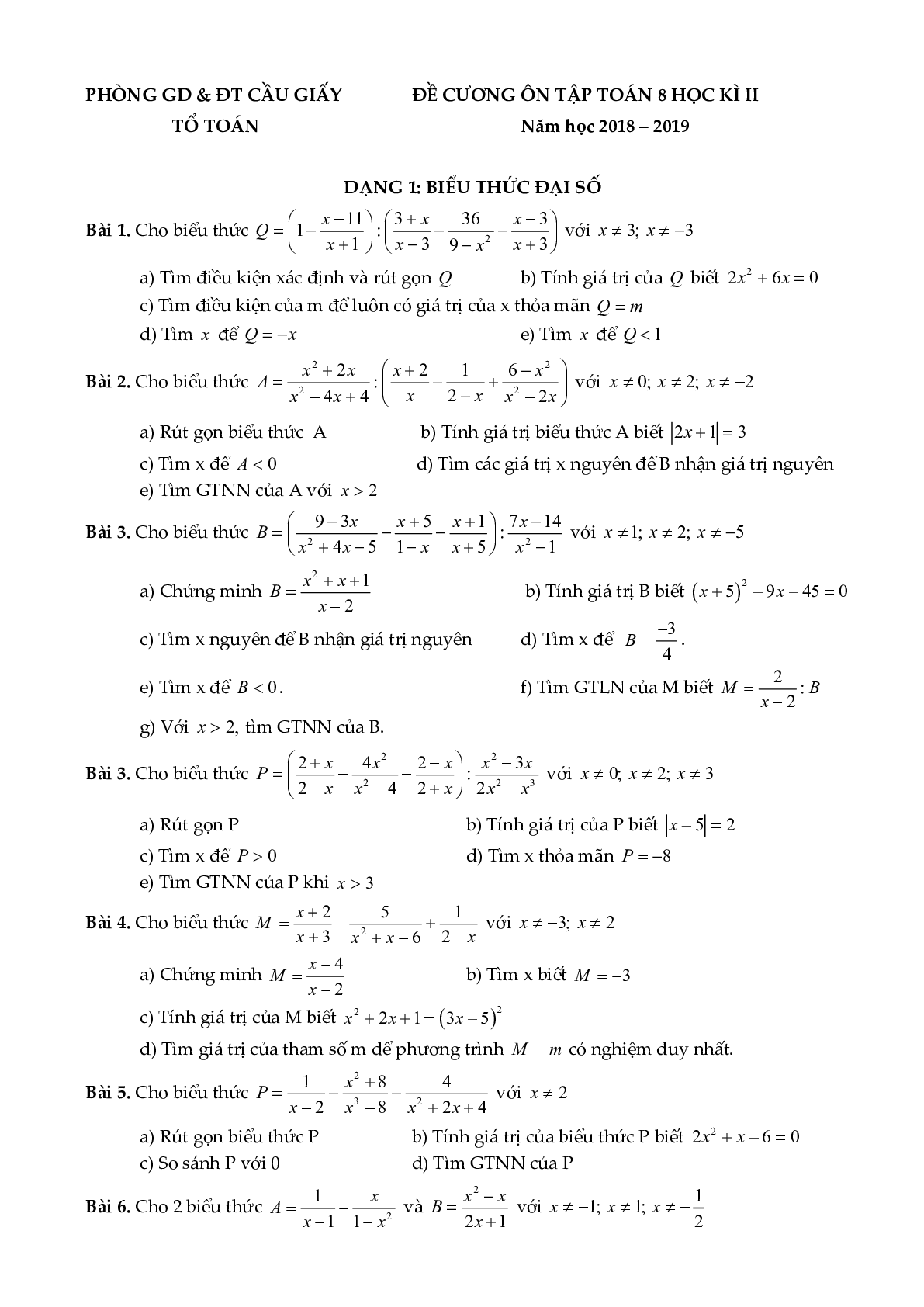 Đề cương ôn tập học kỳ II môn toán 8 năm học 2018-2019 Phòng GDĐT Cầu Giấy - Hà Nội (trang 1)