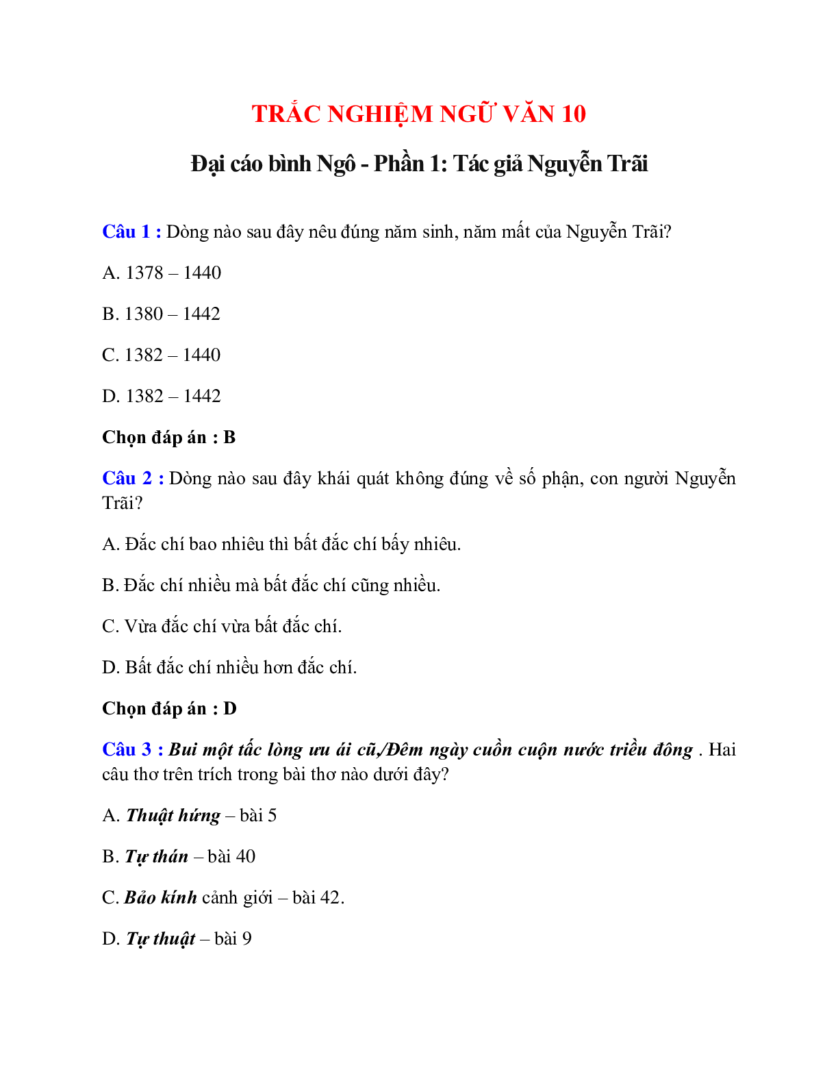 Trắc nghiệm Đại cáo bình Ngô - Phần 1: Tác giả Nguyễn Trãi có đáp án – Ngữ văn lớp 10 (trang 1)