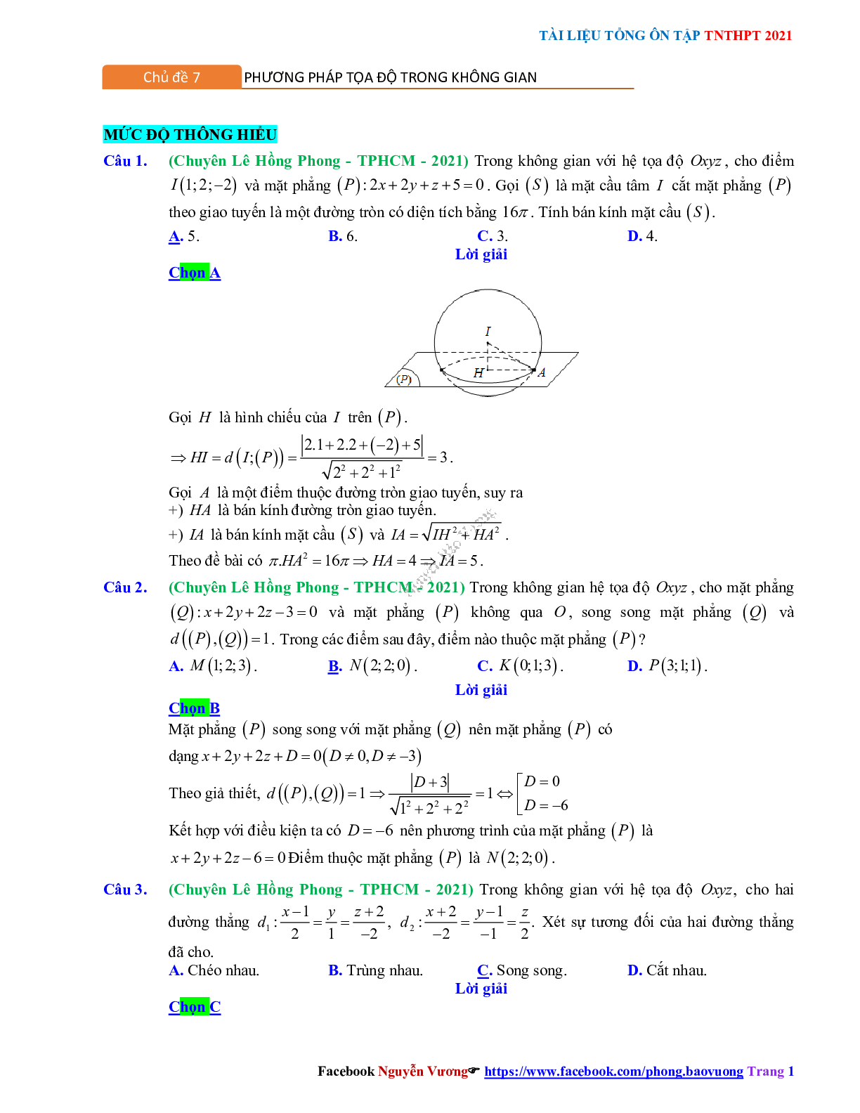 Trắc nghiệm Ôn thi THPT QG Toán 12: Đáp án phương pháp tọa độ trong không gian mức độ thông hiểu (trang 1)