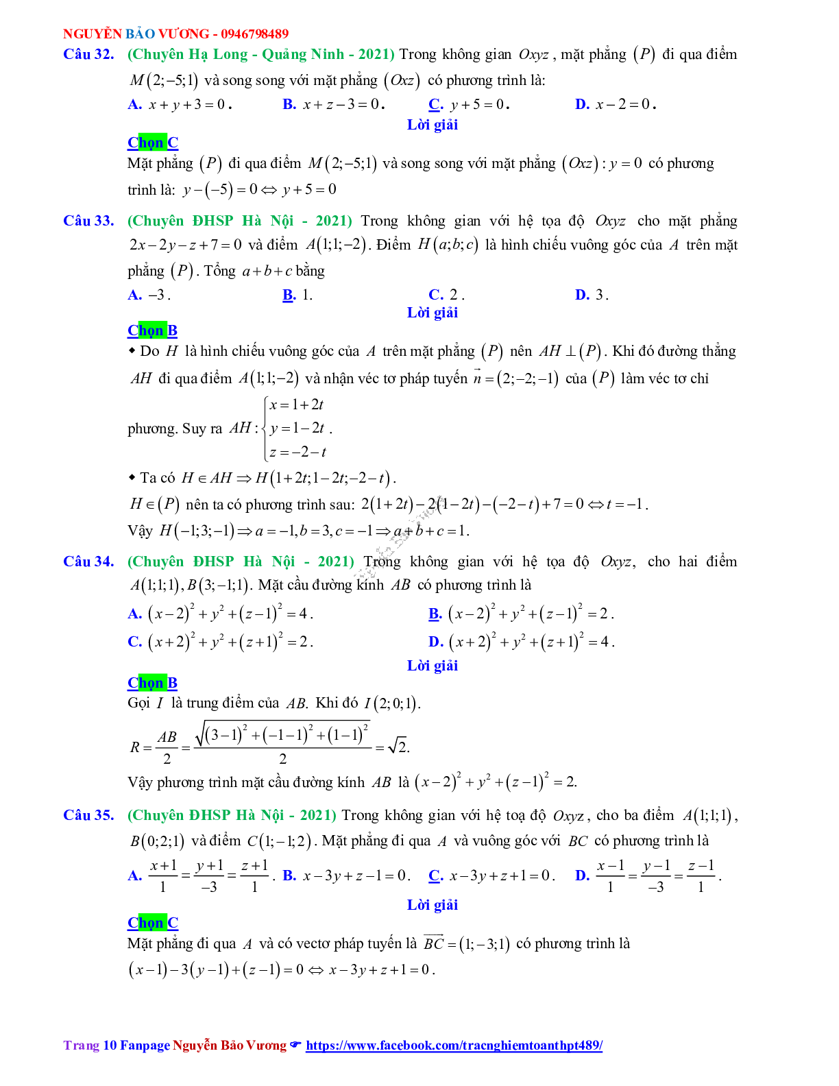 Trắc nghiệm Ôn thi THPT QG Toán 12: Đáp án phương pháp tọa độ trong không gian mức độ thông hiểu (trang 10)