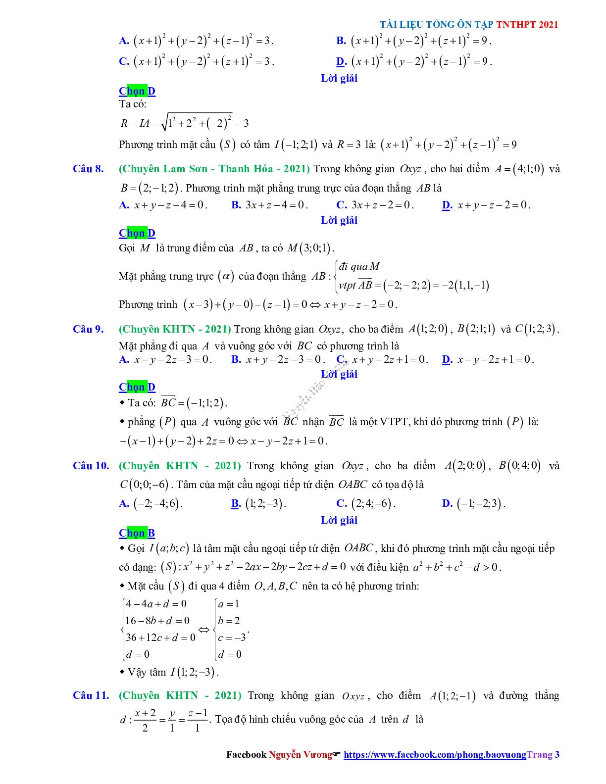 Trắc nghiệm Ôn thi THPT QG Toán 12: Đáp án phương pháp tọa độ trong không gian mức độ thông hiểu (trang 3)
