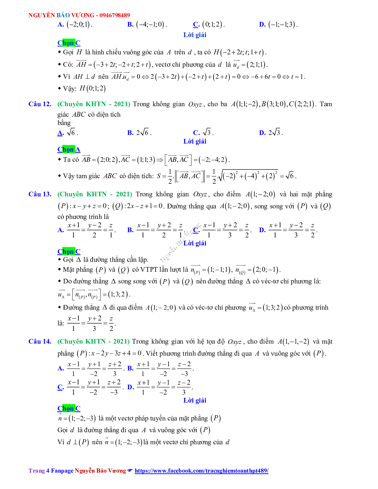 Trắc nghiệm Ôn thi THPT QG Toán 12: Đáp án phương pháp tọa độ trong không gian mức độ thông hiểu (trang 4)