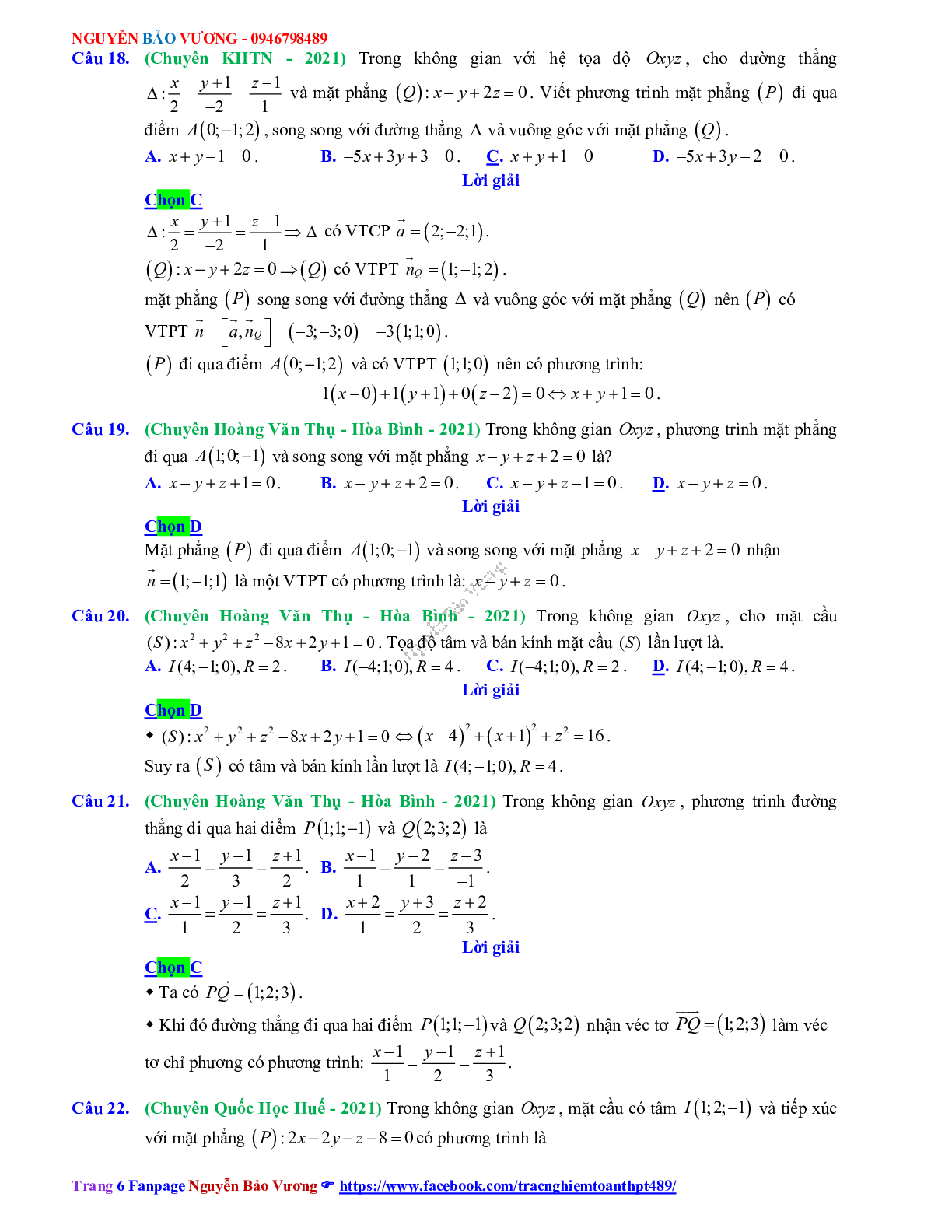Trắc nghiệm Ôn thi THPT QG Toán 12: Đáp án phương pháp tọa độ trong không gian mức độ thông hiểu (trang 6)