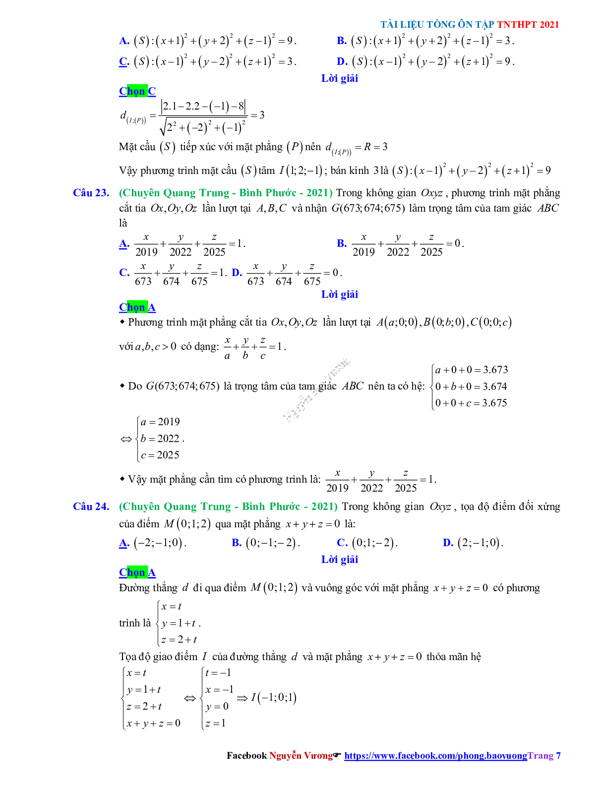 Trắc nghiệm Ôn thi THPT QG Toán 12: Đáp án phương pháp tọa độ trong không gian mức độ thông hiểu (trang 7)