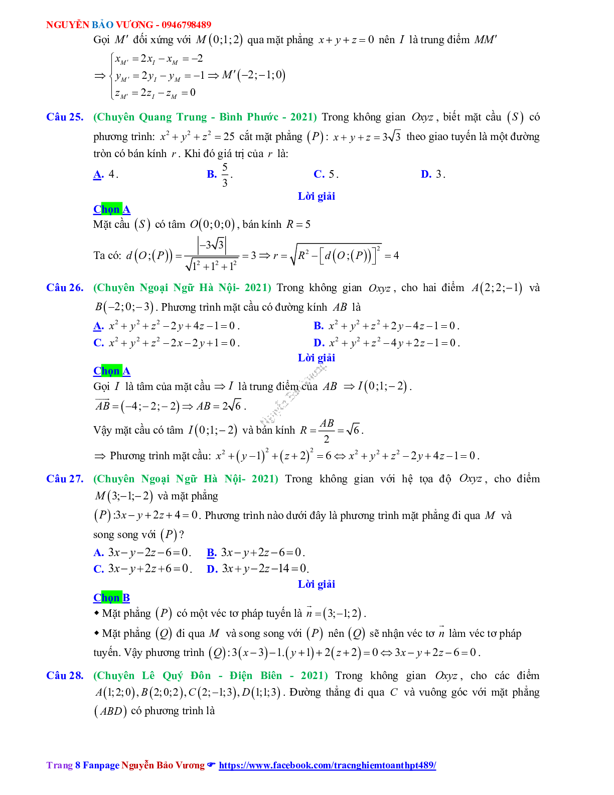 Trắc nghiệm Ôn thi THPT QG Toán 12: Đáp án phương pháp tọa độ trong không gian mức độ thông hiểu (trang 8)