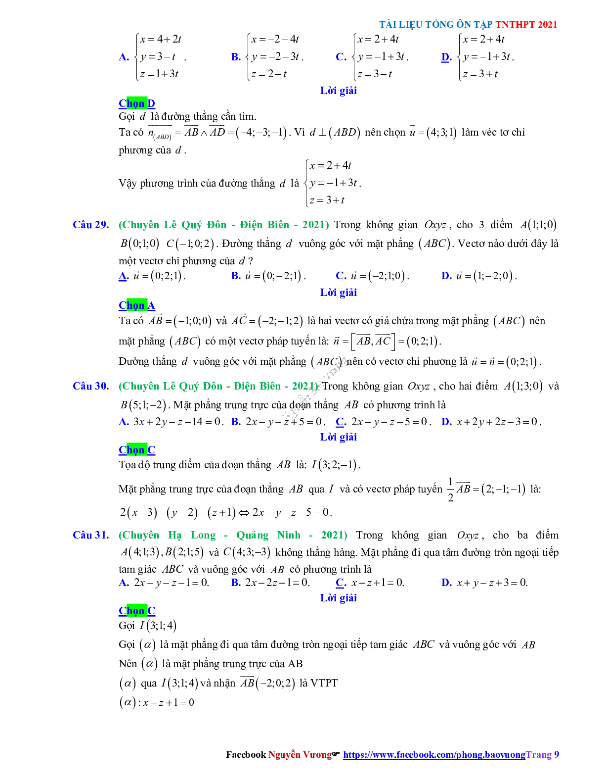 Trắc nghiệm Ôn thi THPT QG Toán 12: Đáp án phương pháp tọa độ trong không gian mức độ thông hiểu (trang 9)