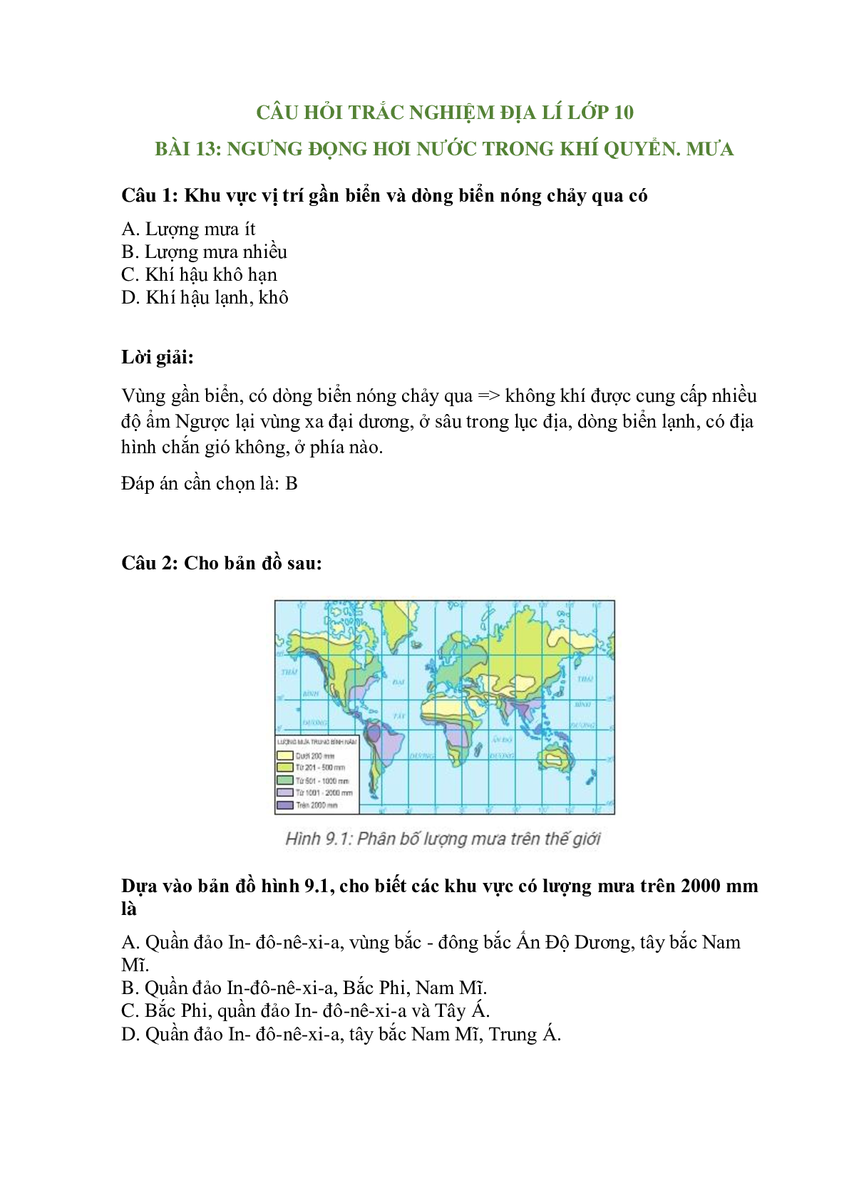 Trắc nghiệm Địa lí 10 Bài 13 có đáp án: Ngưng đọng hơi nước trong khí quyển. Mưa (trang 1)