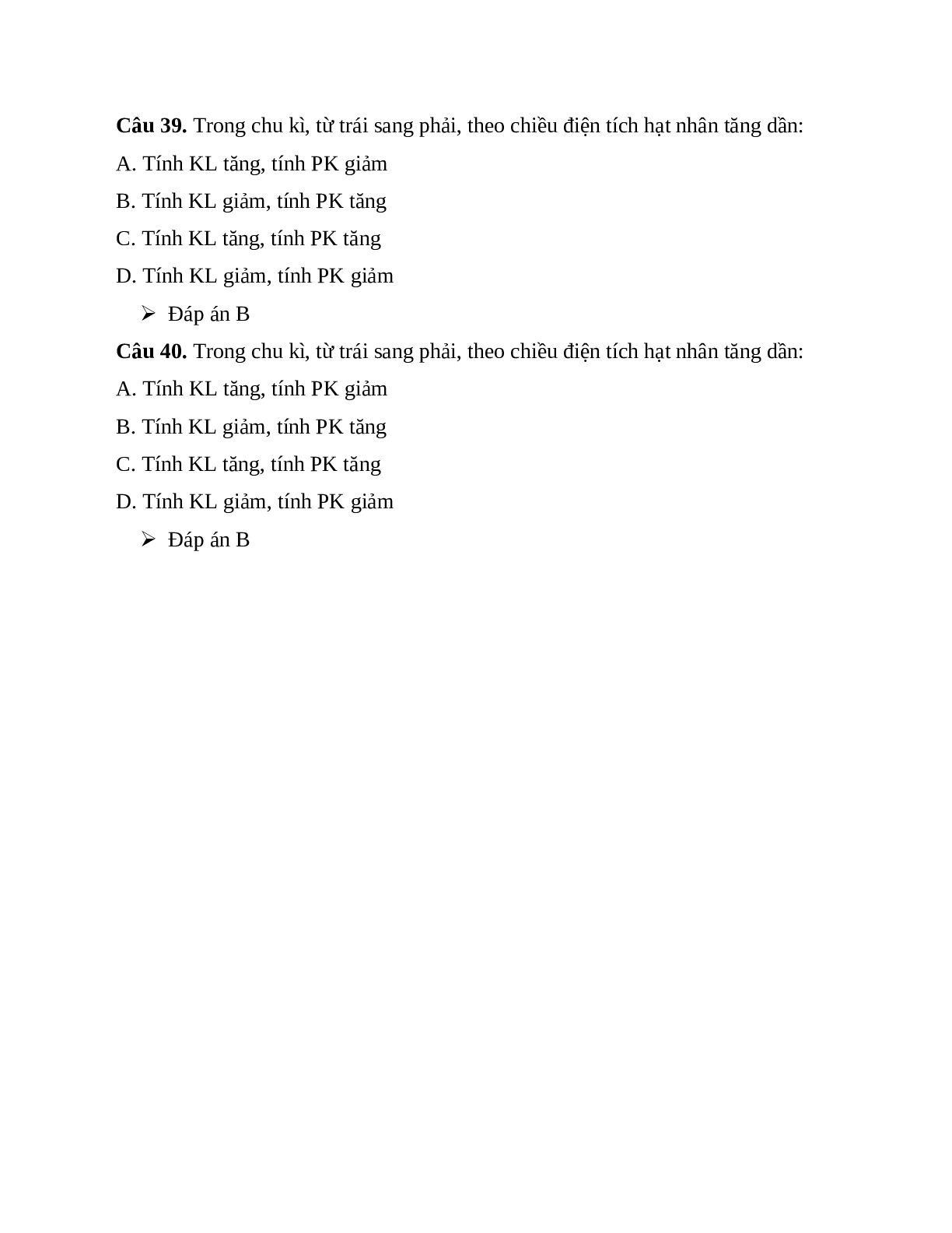 40 bài tập trắc nghiệm chương Bảng tuần hoàn các nguyên tố hóa học có đáp án (trang 9)