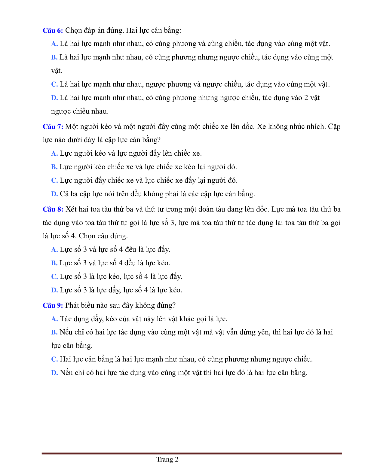 BÀI TẬP TRẮC NGHIỆM MÔN VẬT LÝ LỚP 6 BÀI 6: LỰC- HAI LỰC CÂN BẰNG CÓ ĐÁP ÁN (trang 2)