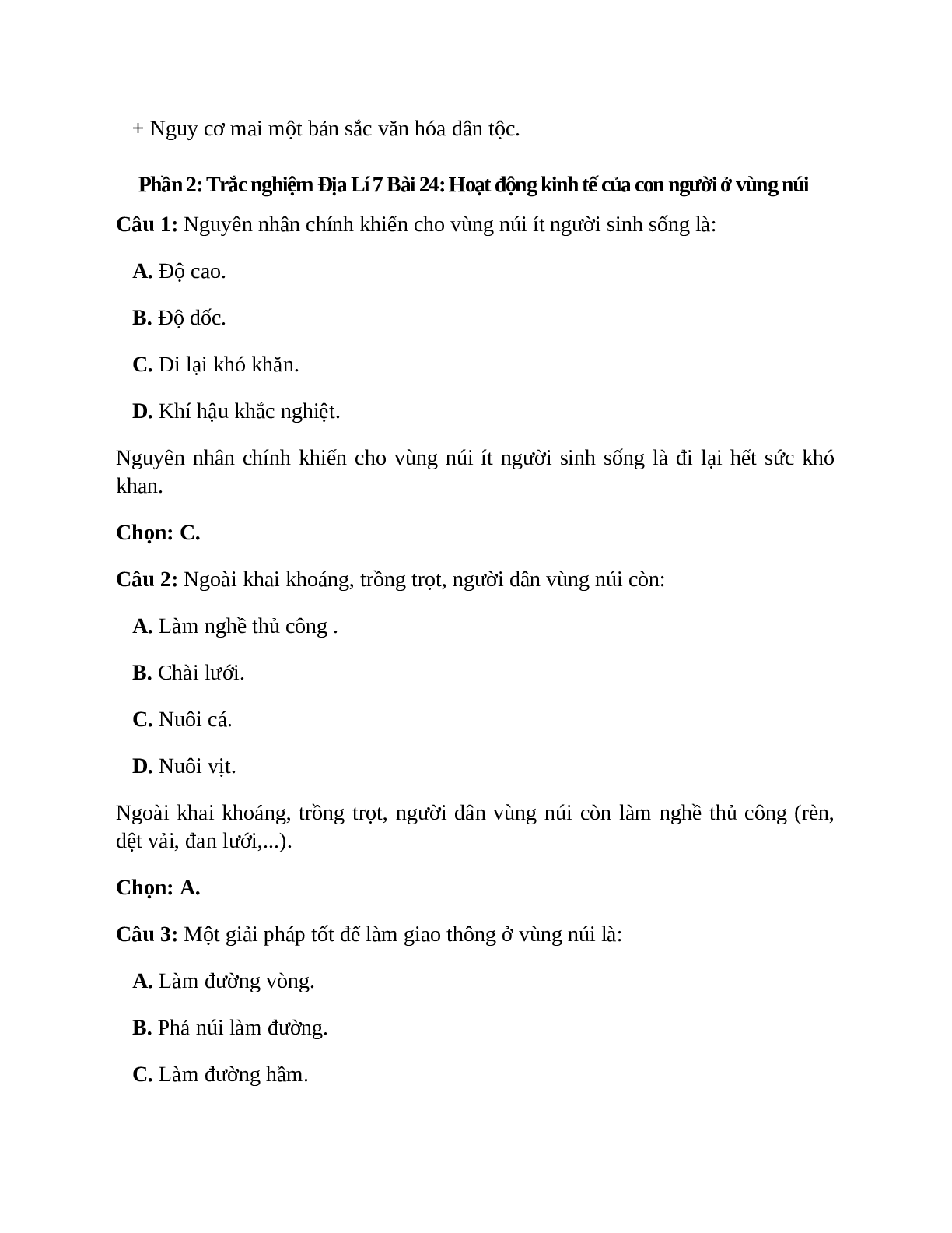 Địa Lí 7 Bài 24 (Lý thuyết và trắc nghiệm): Hoạt động kinh tế của con người ở vùng núi (trang 3)
