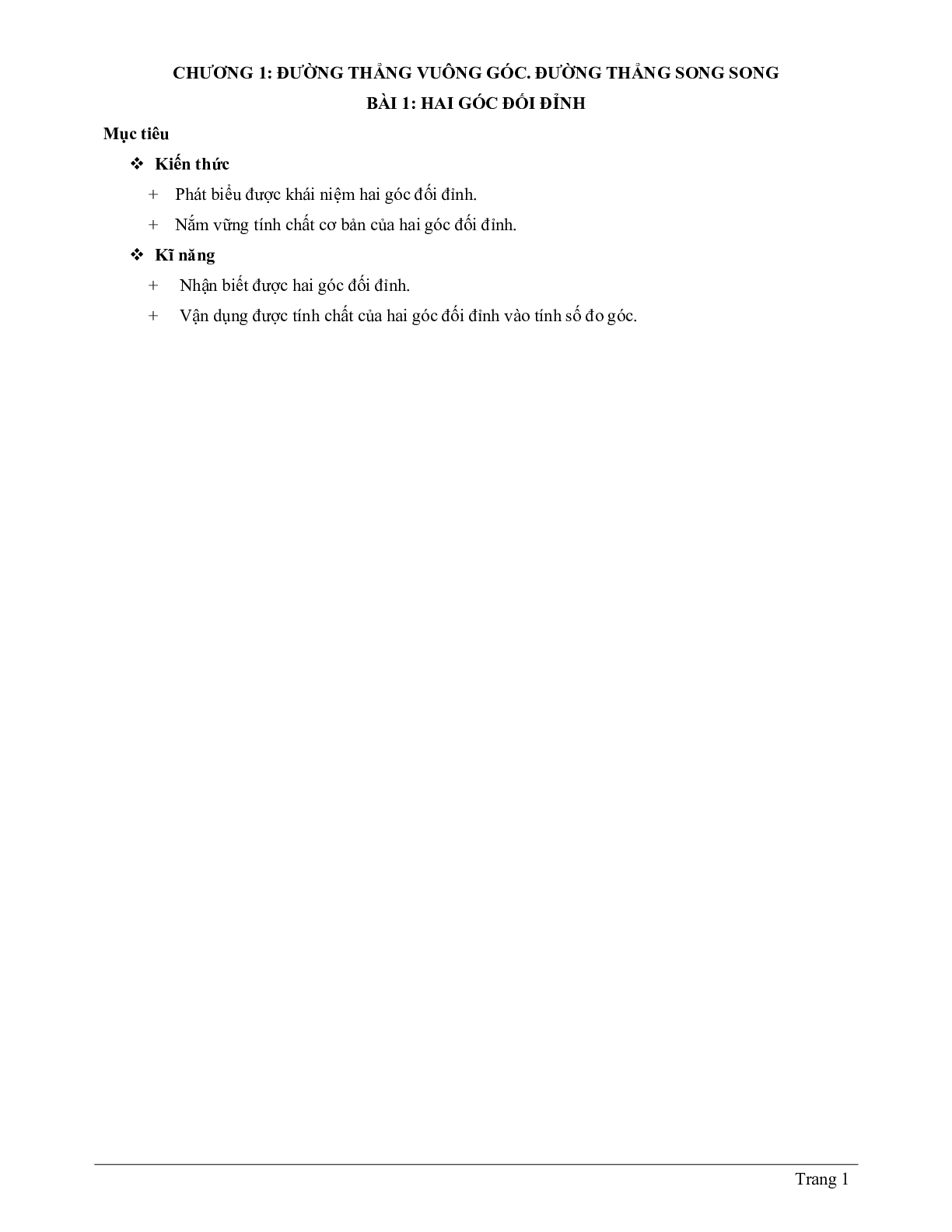 Lý thuyết Toán 7 có đáp án: Hai góc đối đỉnh (trang 1)