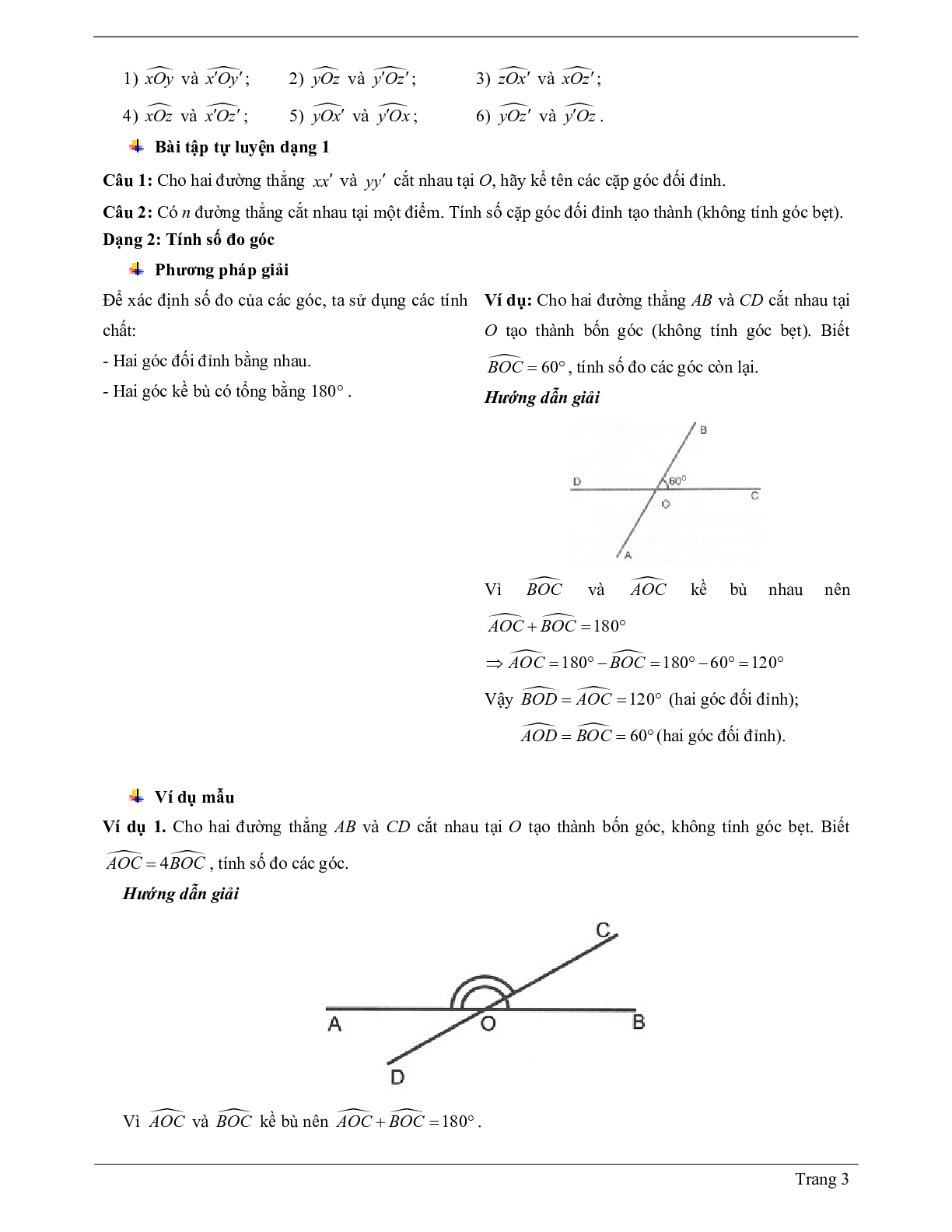 Lý thuyết Toán 7 có đáp án: Hai góc đối đỉnh (trang 3)