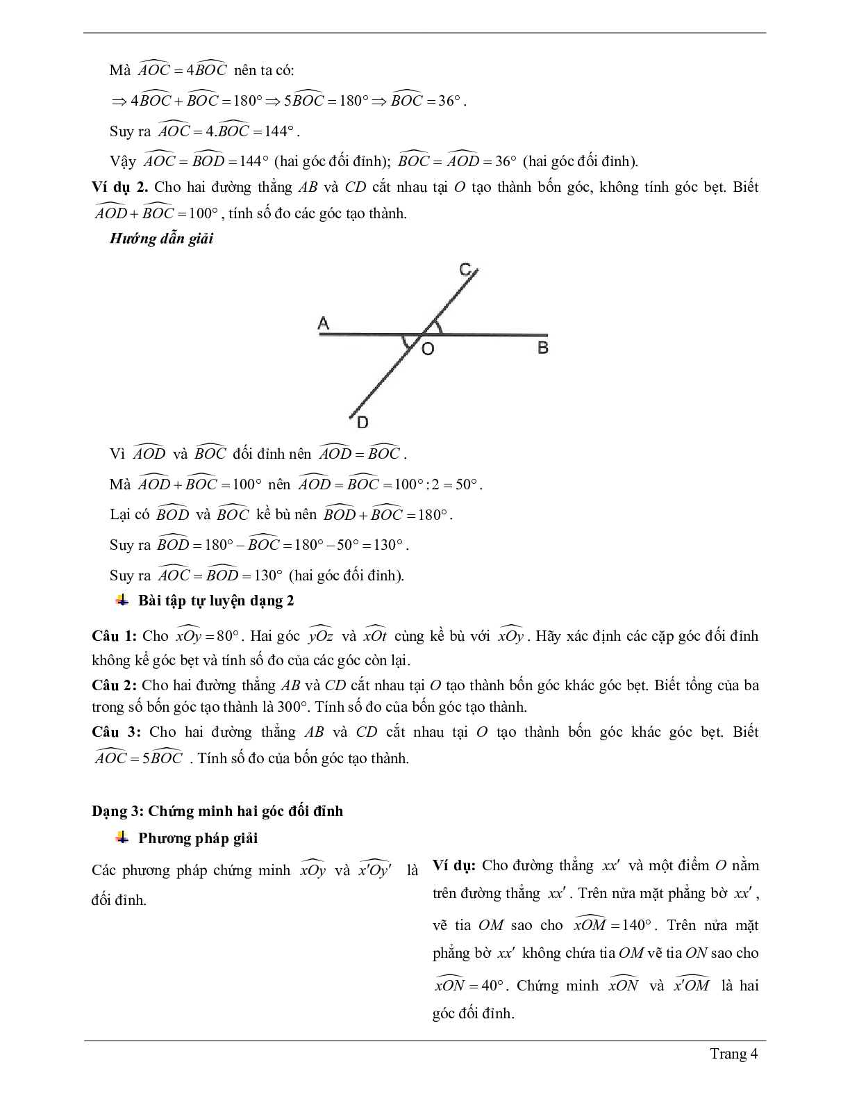 Lý thuyết Toán 7 có đáp án: Hai góc đối đỉnh (trang 4)
