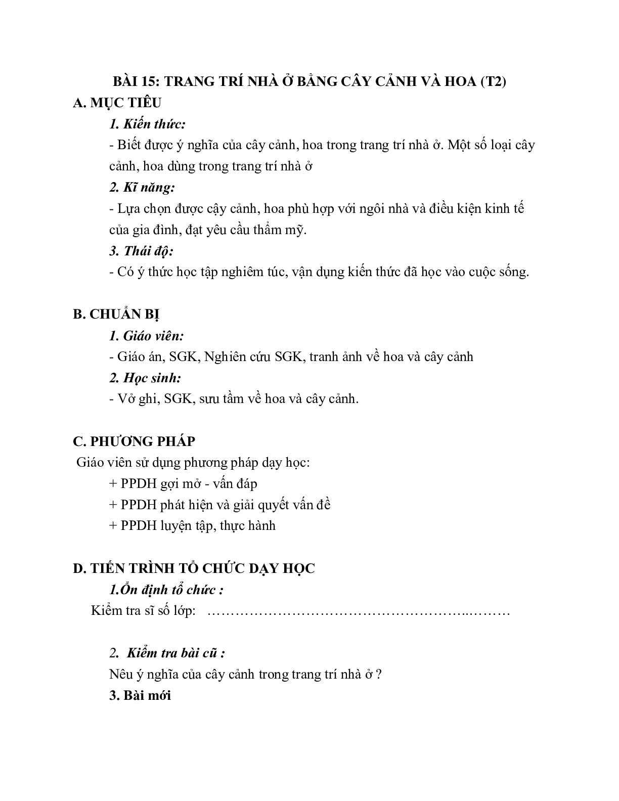 GIÁO ÁN CÔNG NGHỆ 6 BÀI 15: TRANG TRÍ NHÀ Ở BẰNG CÂY CẢNH VÀ HOA (T1) MỚI NHẤT – CV5512 (trang 1)