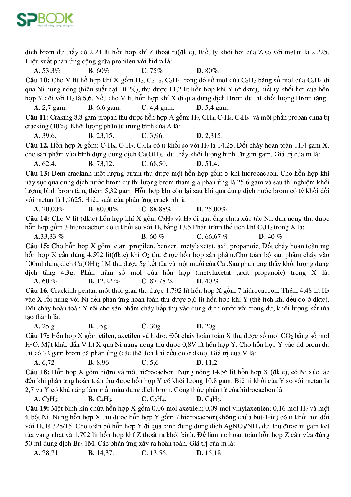 40 bài toán Hidrocacbon hay, lạ, khó môn Hóa lớp 11 có lời giải chi tiết (trang 2)