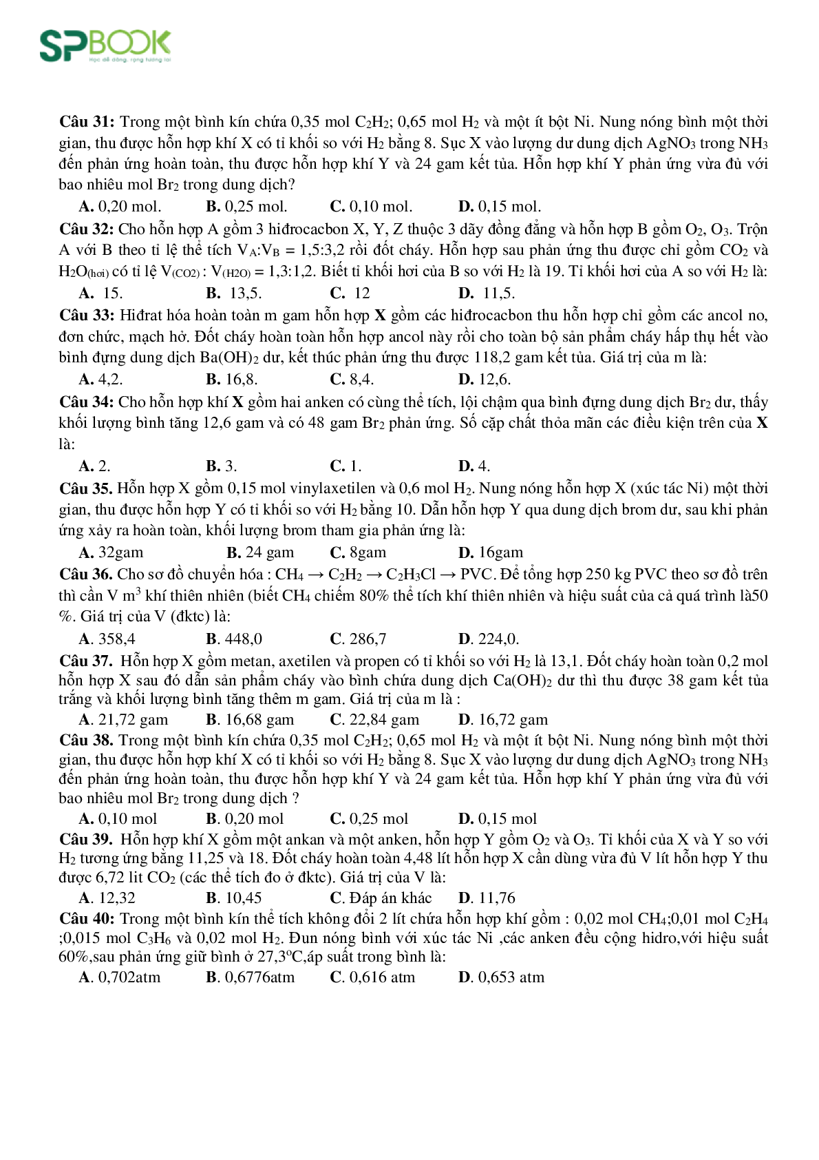 40 bài toán Hidrocacbon hay, lạ, khó môn Hóa lớp 11 có lời giải chi tiết (trang 4)