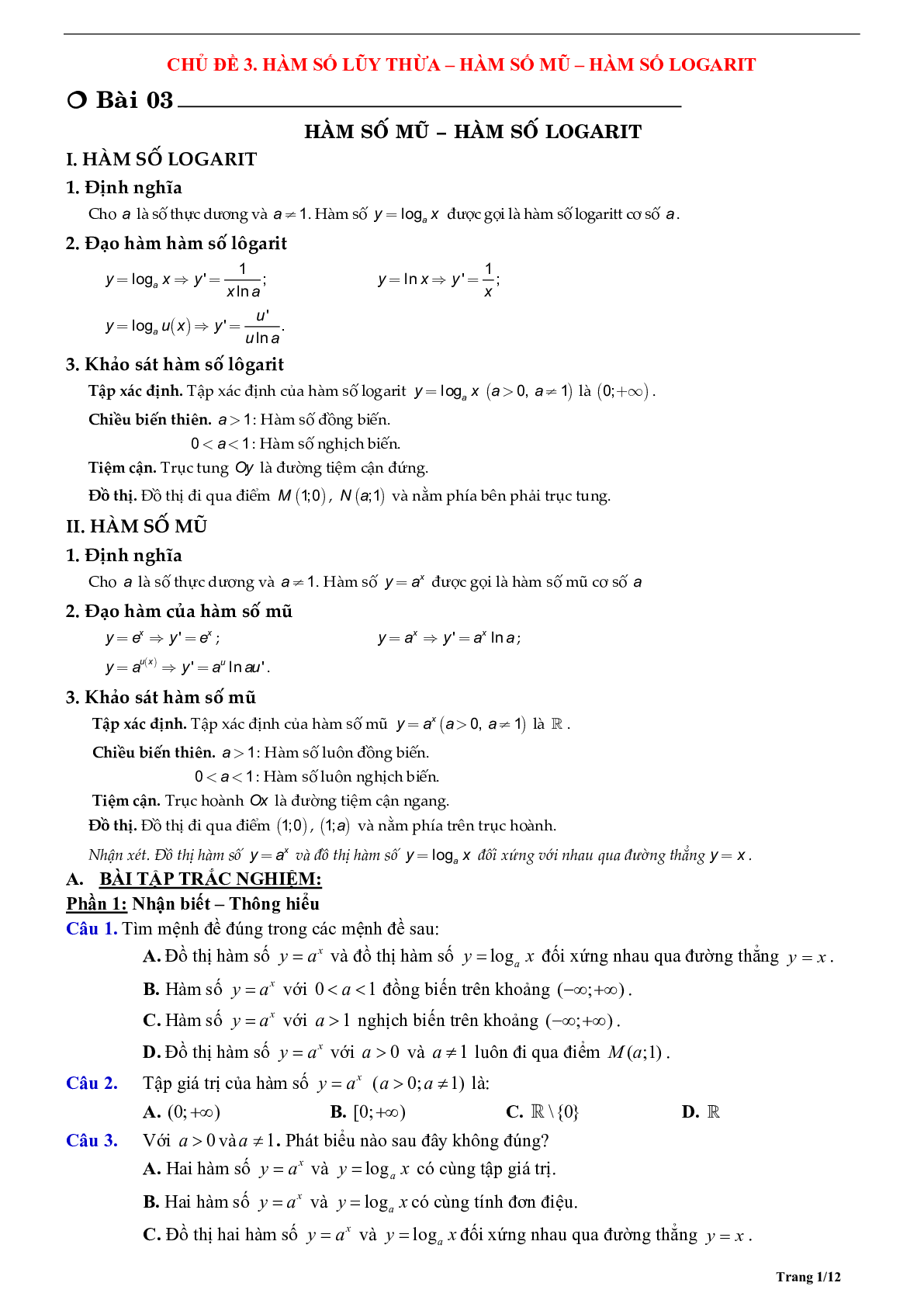 Phương pháp giải Hàm số mũ và Hàm số logarit 2023 (lý thuyết và bài tập) (trang 1)