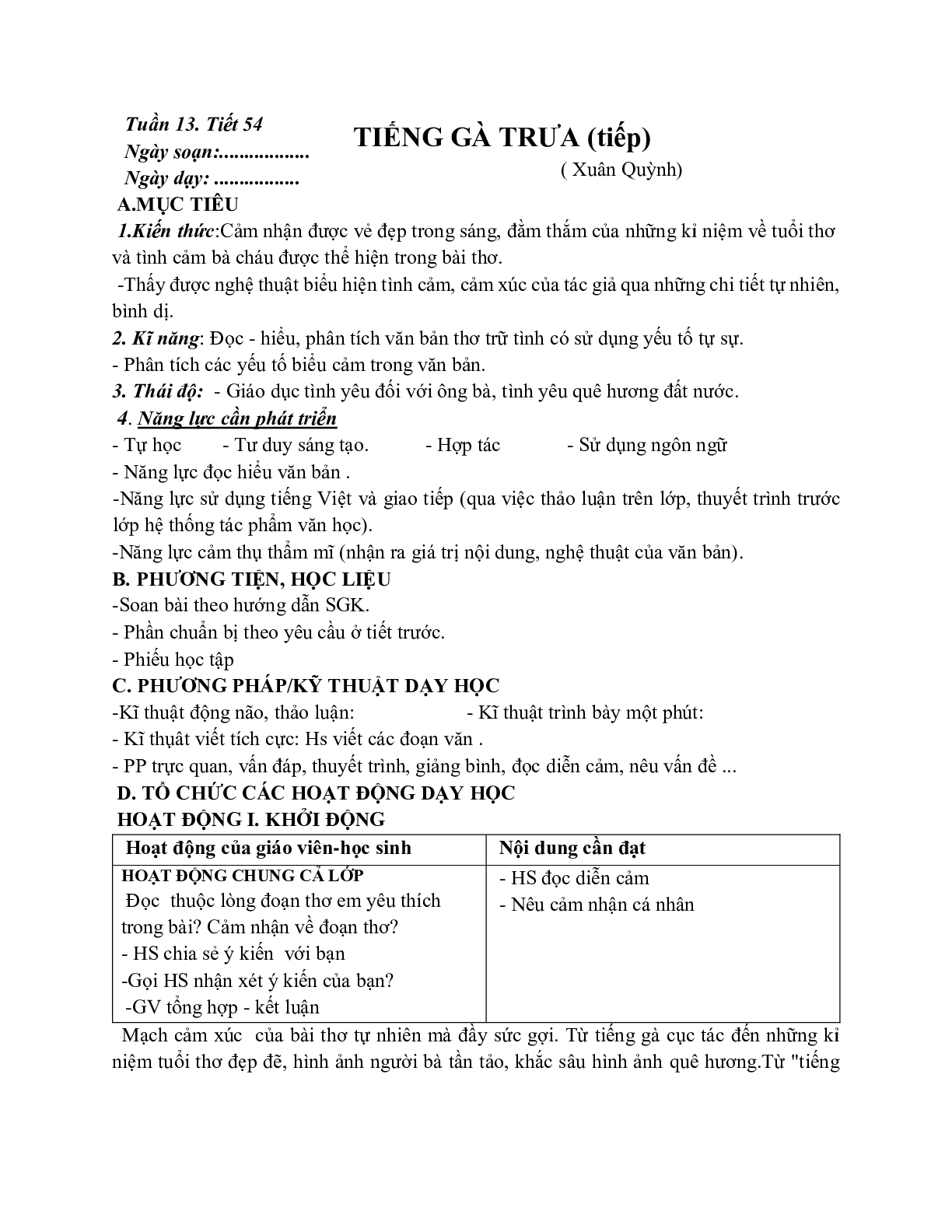 Giáo án ngữ văn lớp 7 Tuần 13 Tiết 54: Tiếng gà trưa (tiếp) mới nhất (trang 1)