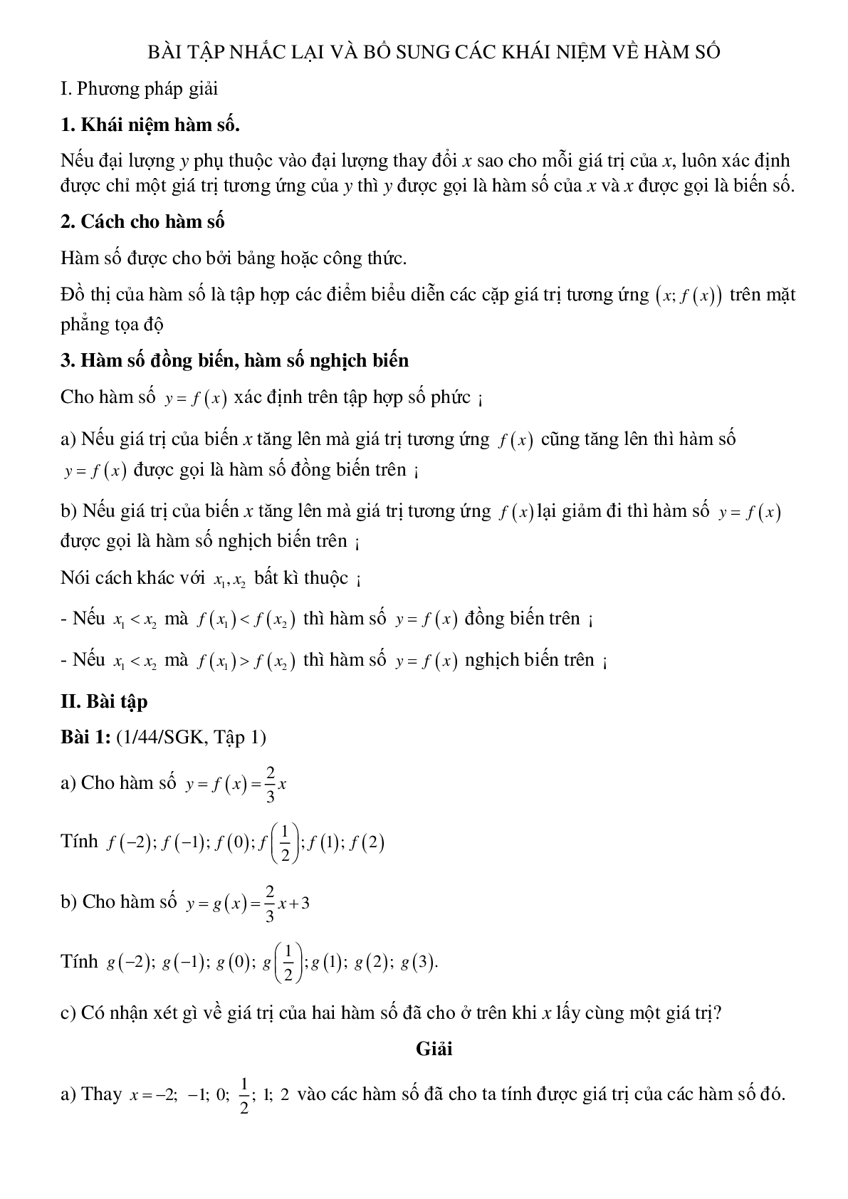 50 Bài tập Nhắc lại và bổ sung các khái niệm về hàm số (có đáp án)- Toán 9 (trang 1)