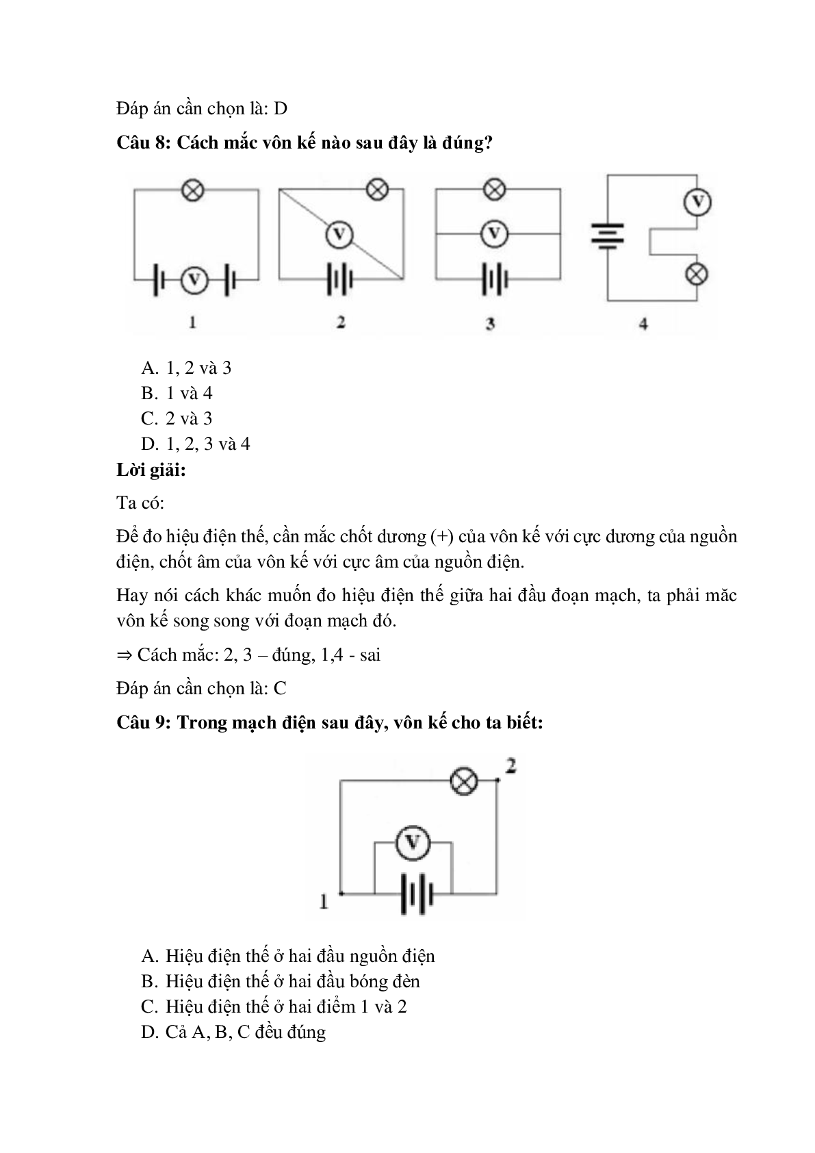 Trắc nghiệm Hiệu điện thế có đáp án – Vật lí lớp 7 (trang 4)