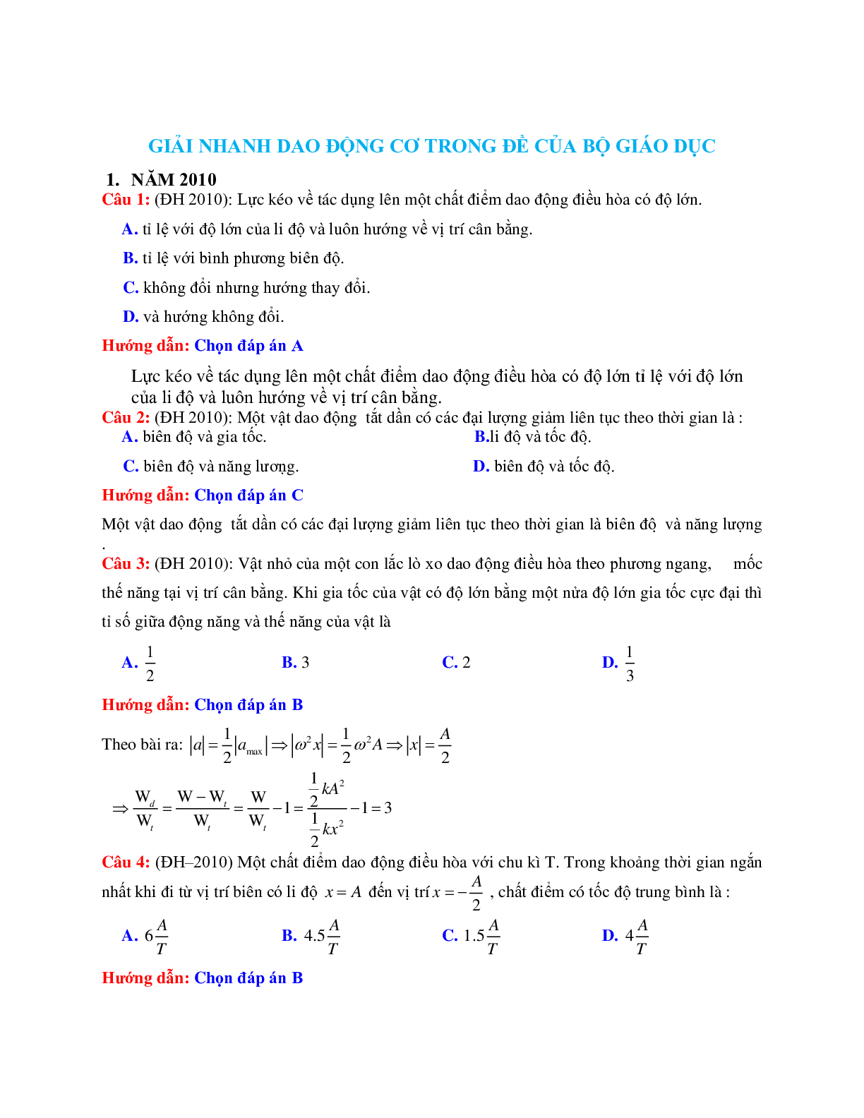 Giải nhanh chuyên đề Dao động cơ môn Vật lý lớp 12 (trang 1)