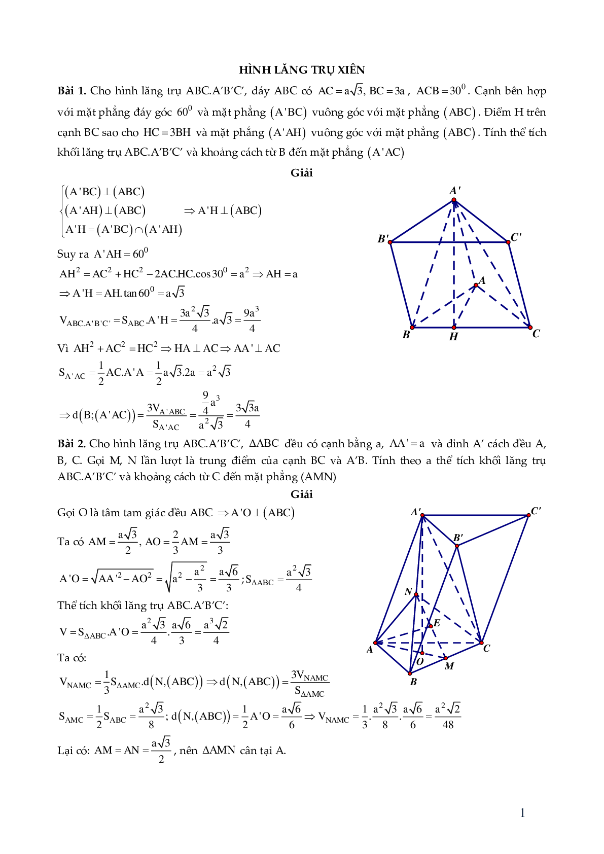 29 bài toán hình lăng trụ xiên - có đáp án chi tiêt (trang 1)