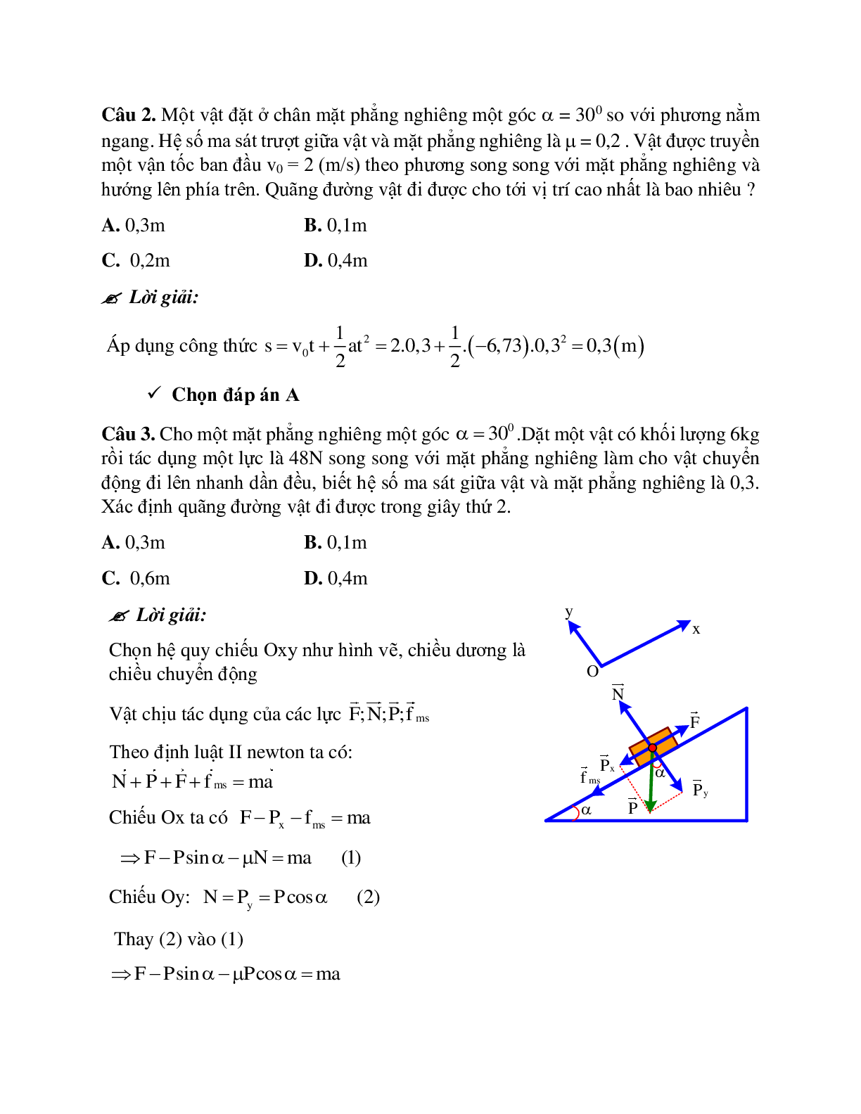Bài tập về lực ma sát khi vật chuyển động trên mặt phẳng nghiêng có đáp án (trang 3)