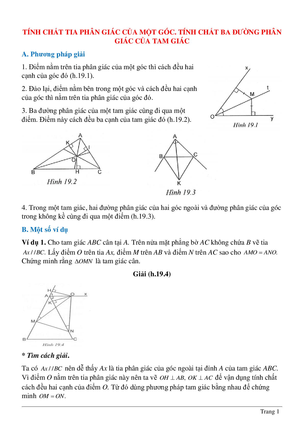 Phương pháp giải và bài tập về Tính chất tia phân giác của một góc - Tính chất ba đường phân giác của tam giác có lời giải (trang 1)