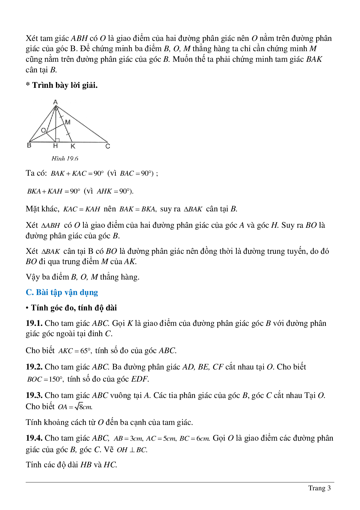 Phương pháp giải và bài tập về Tính chất tia phân giác của một góc - Tính chất ba đường phân giác của tam giác có lời giải (trang 3)