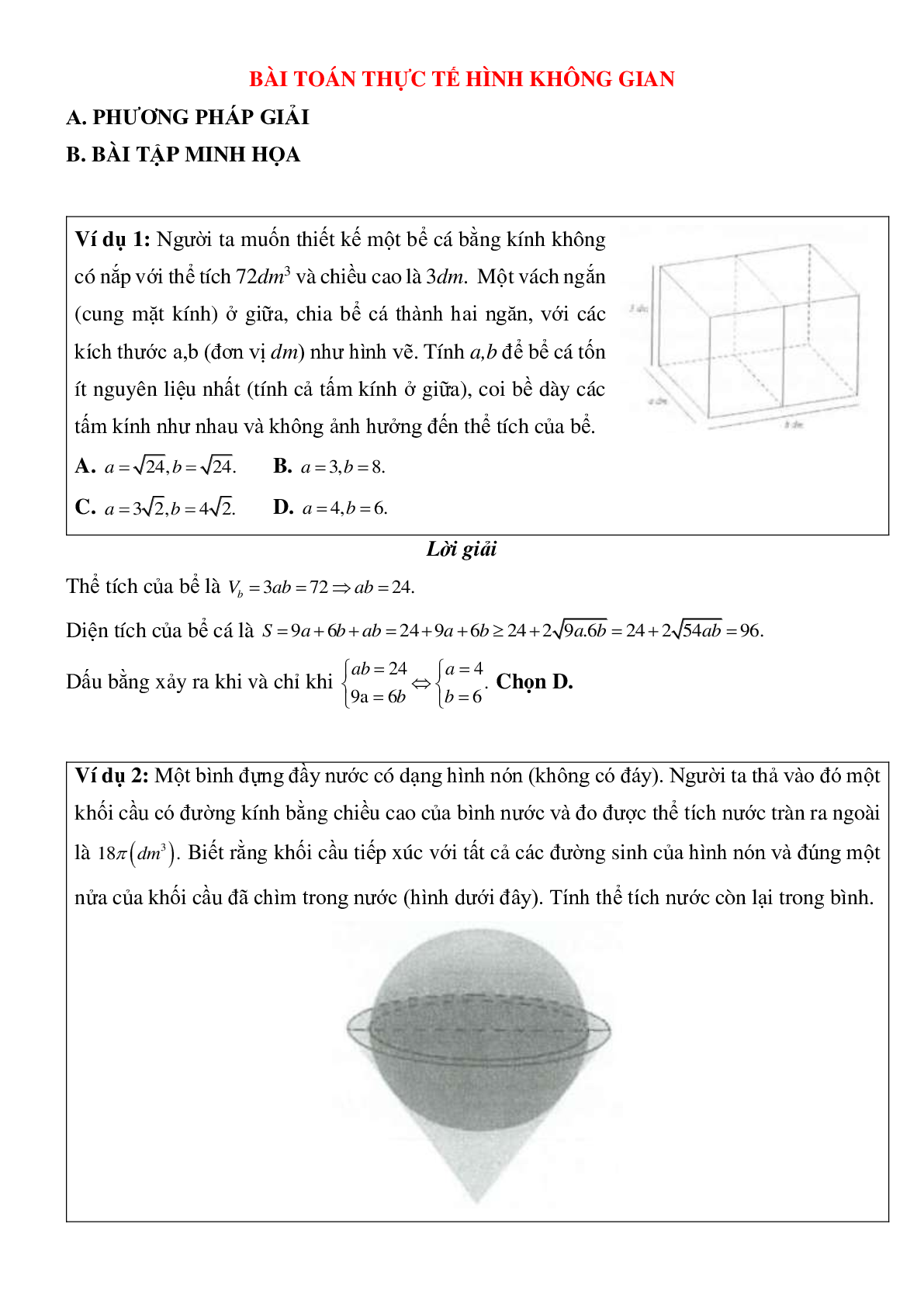 Bài toán thực tế hình không gian có đáp án (trang 1)