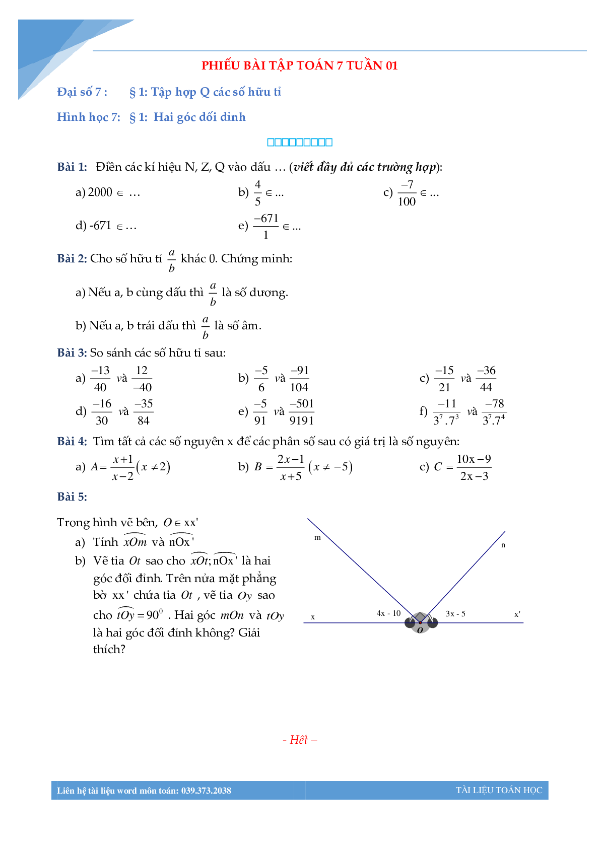 Bài tập tuần môn toán lớp 7 (trang 1)