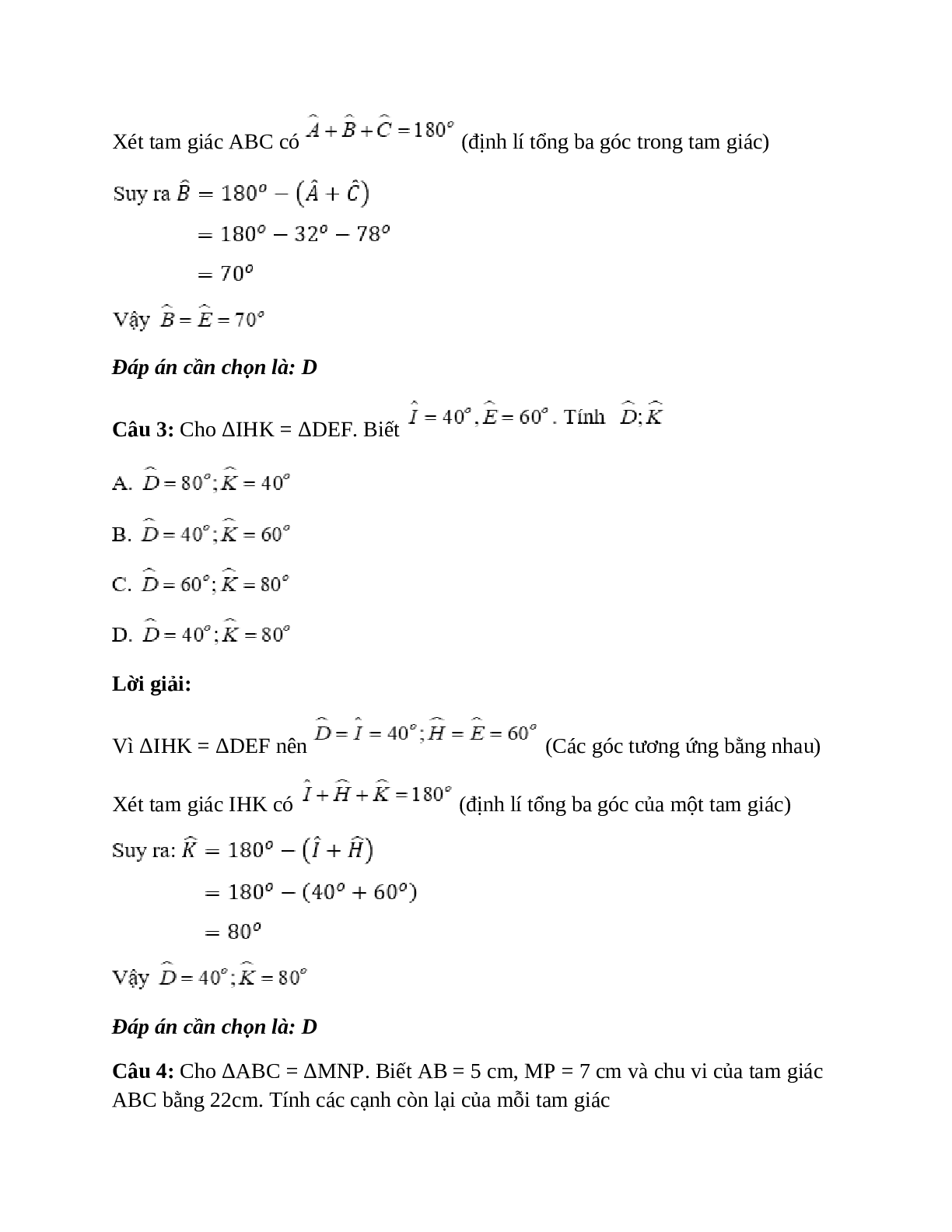 Trắc nghiệm Hai tam giác bằng nhau có đáp án – Toán lớp 7 (trang 2)