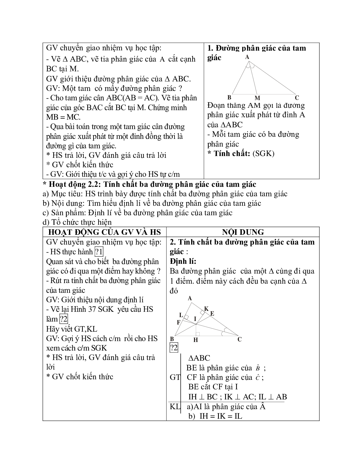 Giáo án Toán học 7 bài 6: Tính chất ba đường phân giác của tam giác chuẩn nhất (trang 2)