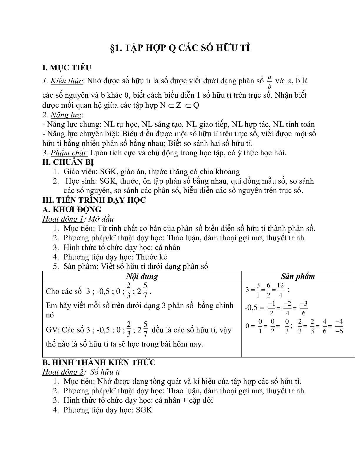 Giáo án Toán học 7 bài 1: Tập hợp Q các số hữu tỉ chuẩn nhất (trang 1)