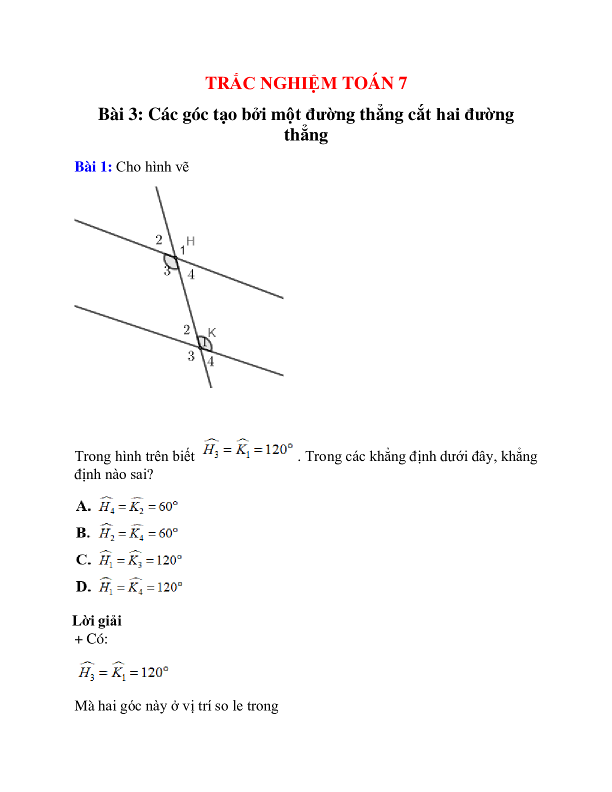 Trắc nghiệm Các góc tạo bởi một đường thẳng cắt hai đường thẳng có đáp án – Toán lớp 7 (trang 1)