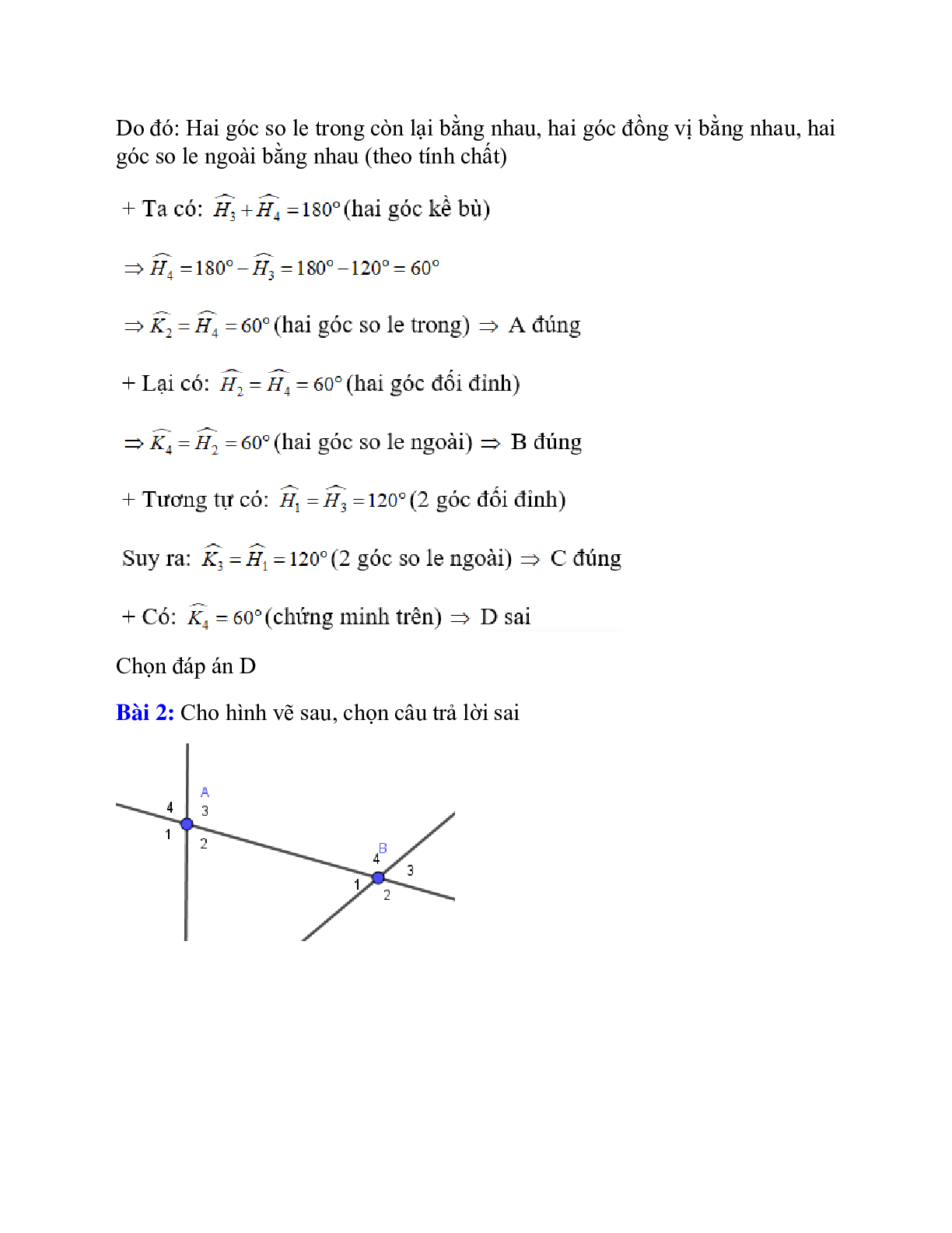 Trắc nghiệm Các góc tạo bởi một đường thẳng cắt hai đường thẳng có đáp án –  Toán lớp 7