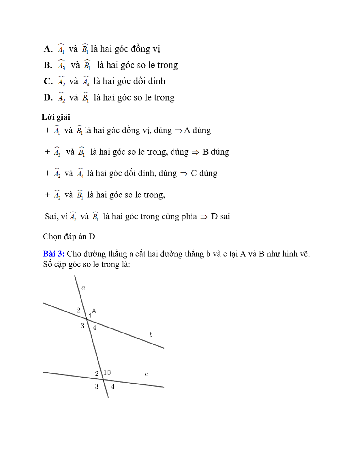 Trắc nghiệm Các góc tạo bởi một đường thẳng cắt hai đường thẳng có đáp án – Toán lớp 7 (trang 3)